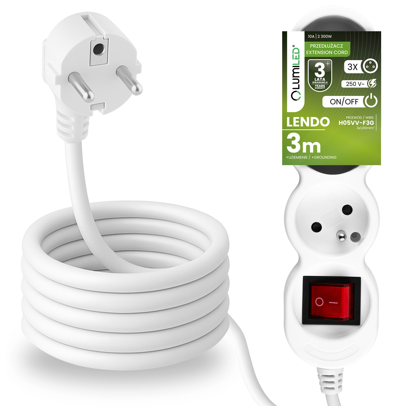 Przedłużacz Sieciowy Kabel z Uziemieniem Listwa Zasilająca 3 Gniazda 3m Włącznik ON/OFF Biały Sznur Lendo Lumiled - główne zdjęcie produktu