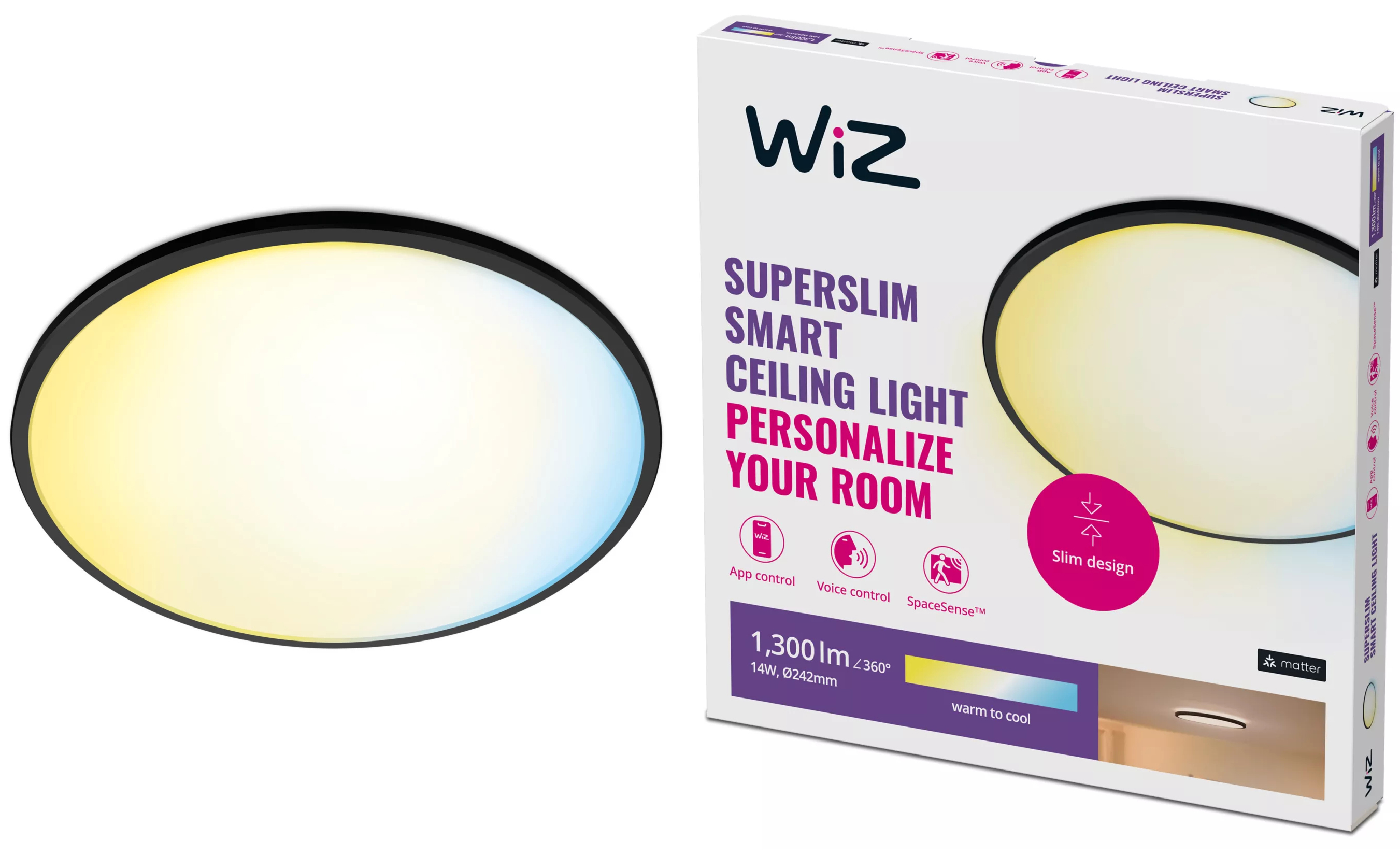 Plafon LED Lampa Sufitowa Natynkowa 14W 1300lm 2700-6500K TW 24.2cm Czarna Okrągła Inteligentna SMART WiFi Bluetooth Aplikacja Superslim WiZ - główne zdjęcie produktu