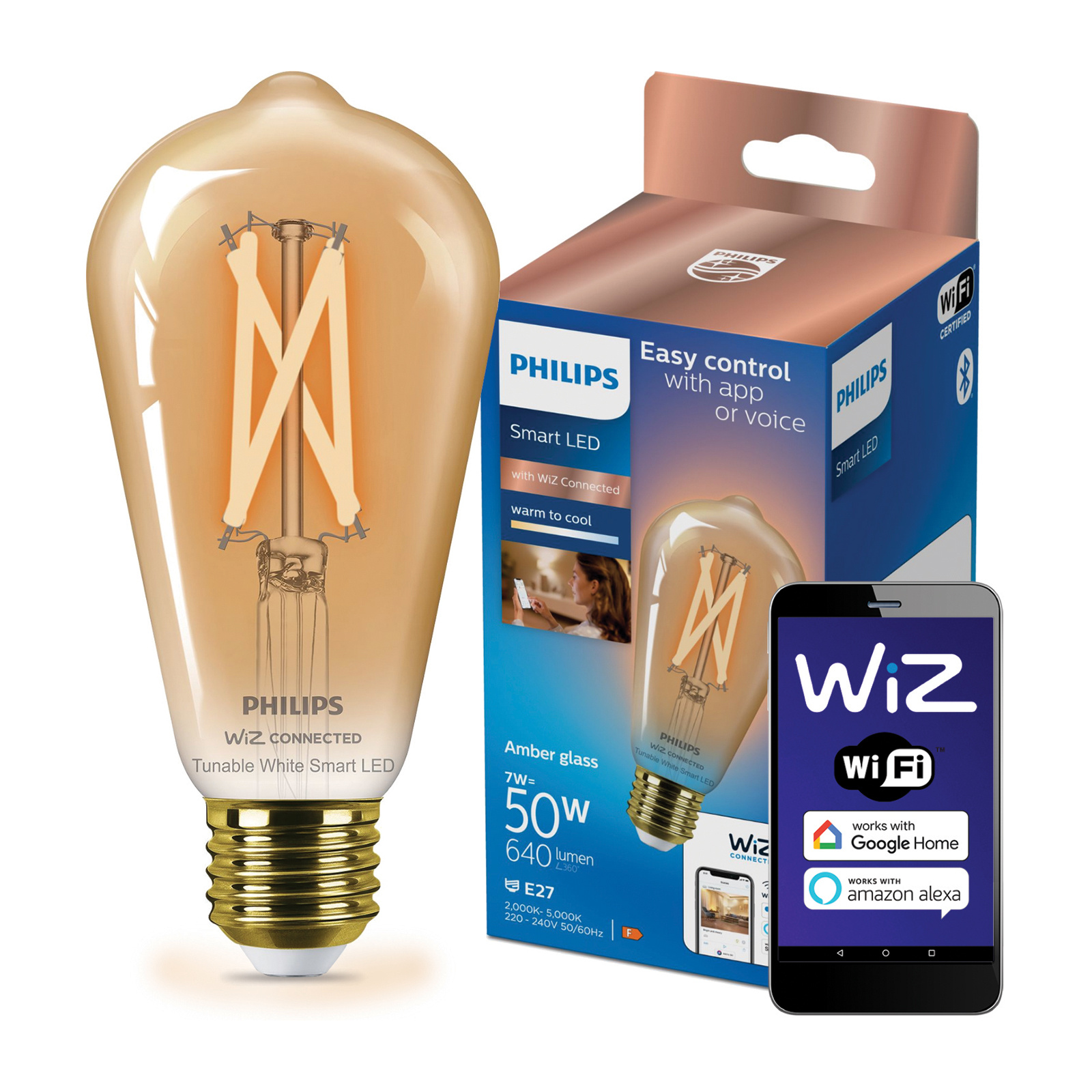Żarówka LED E27 Edison ST64 7W = 50W 640lm 2000-5000K TW FILAMENT Bursztynowa Inteligentna SMART WiFi Bluetooth Aplikacja WiZ Philips - główne zdjęcie produktu