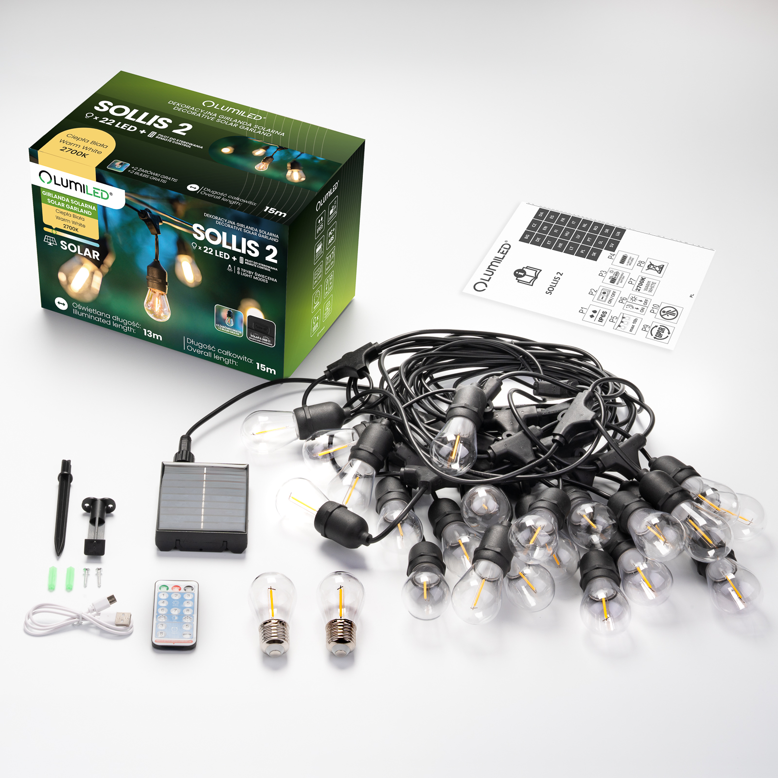 Girlanda Solarna Ogrodowa 22x LED Ozdobne Żarówki 15m 2700K Ciepła + PILOT IP65 SOLLIS 2 LUMILED - skład produktu