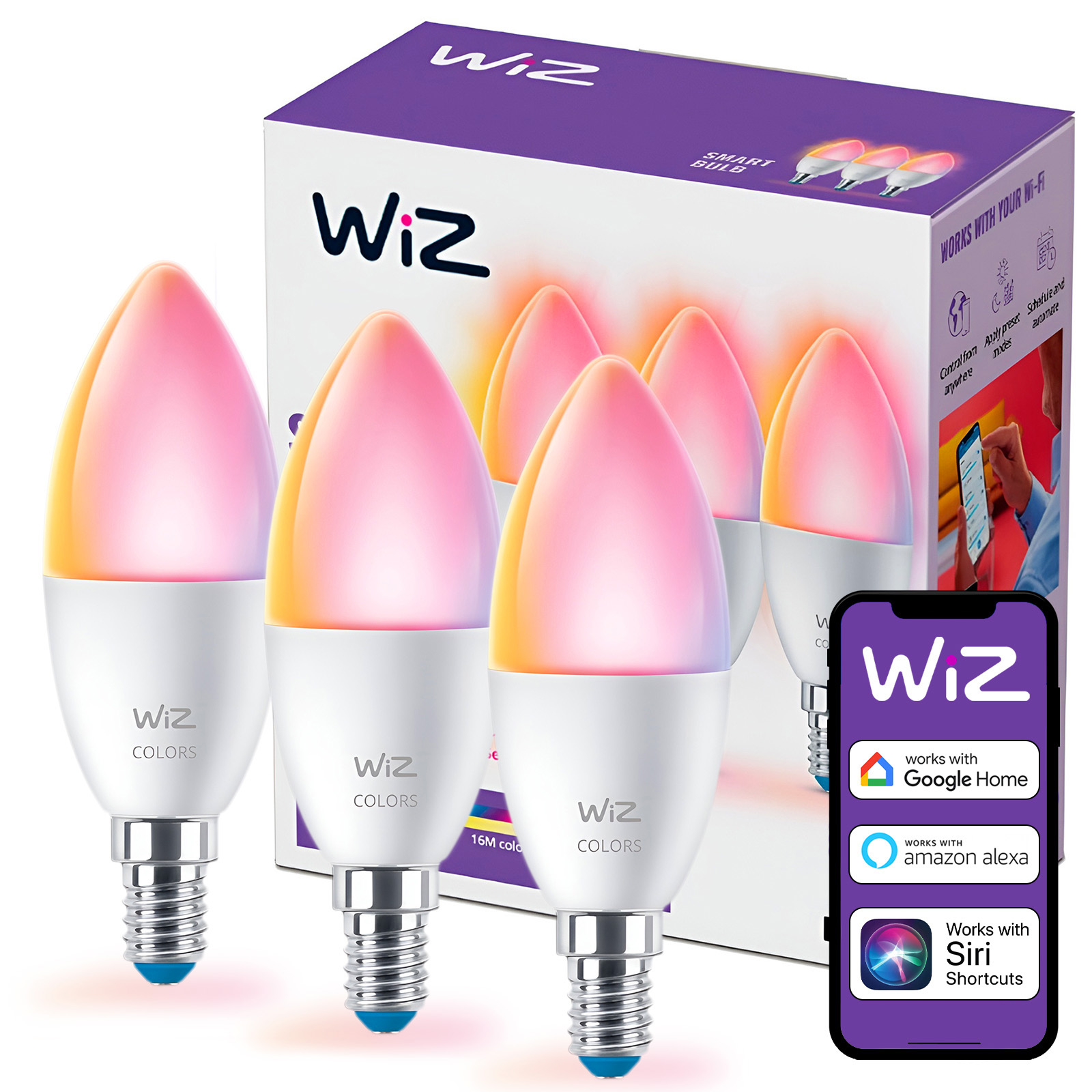 3x Żarówka LED E14 Świeczka C37 4.9W = 40W 470lm 2200-6500K RGB + TW Inteligentna SMART WiFi Bluetooth Aplikacja WiZ - główne zdjęcie produktu