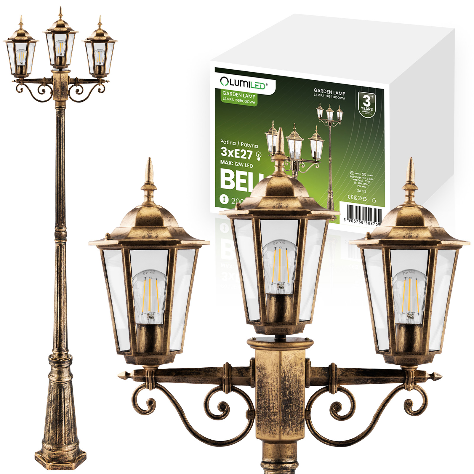 Lampa Ogrodowa Zewnętrzna 3xE27 SŁUPEK LATARNIA 2m Patyna BELLIS LUMILED - główne zdjęcie produktu