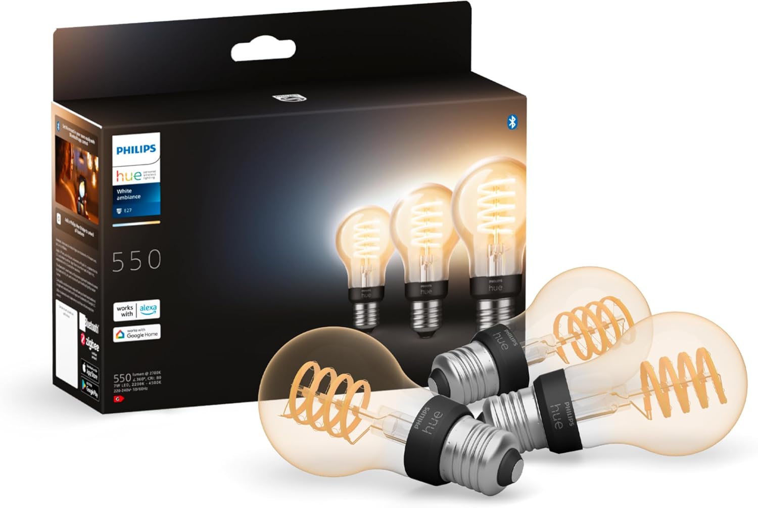 3x Żarówka LED E27 A60 7W = 40W 550lm 2200-4500K CCT FILAMENT SMART Inteligentna Bluetooth ZigBee White Ambiance Philips HUE - główne zdjęcie produktu
