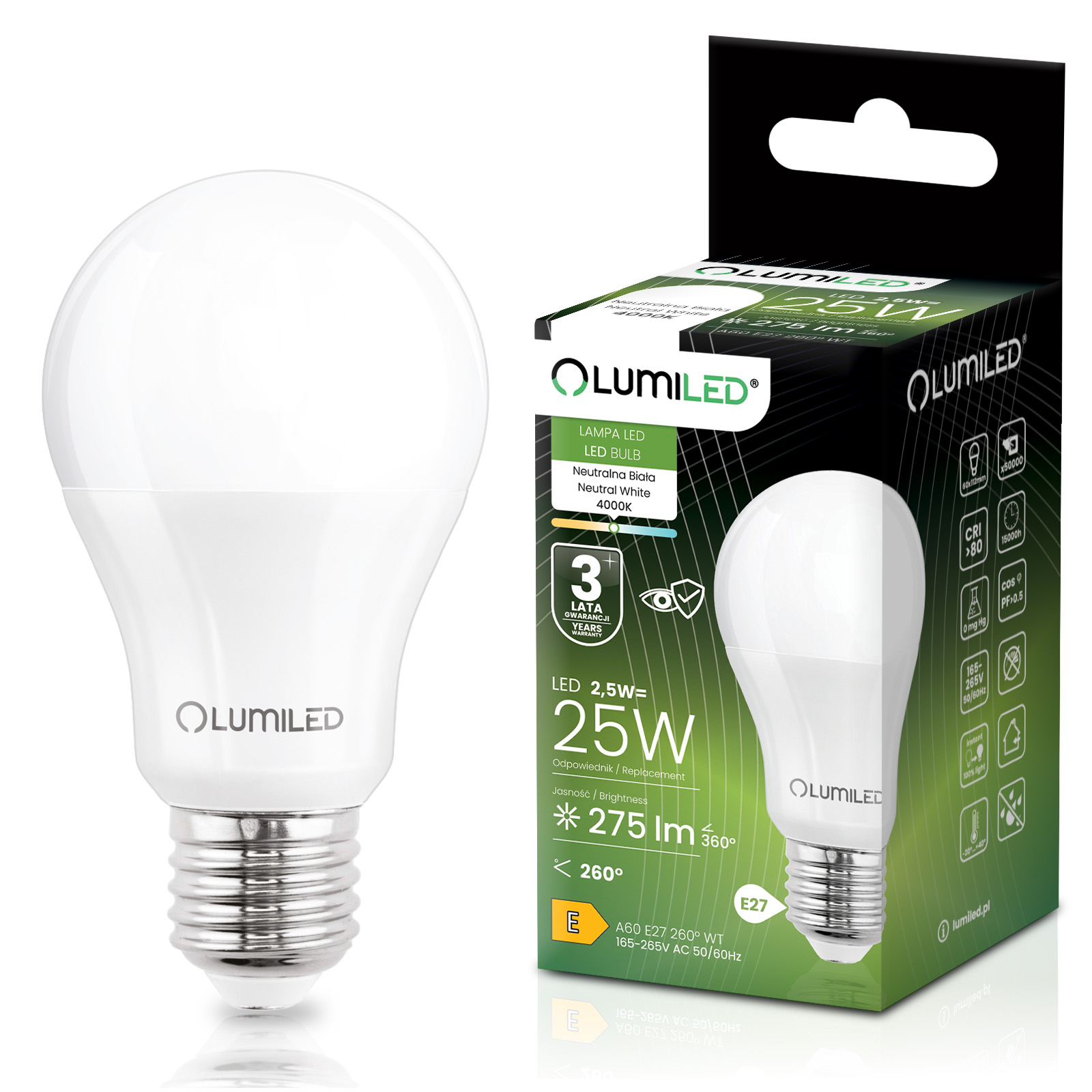 Żarówka LED E27 A60 2,5W = 25W 275lm 4000K Neutralna 260° LUMILED - główne zdjęcie produktu