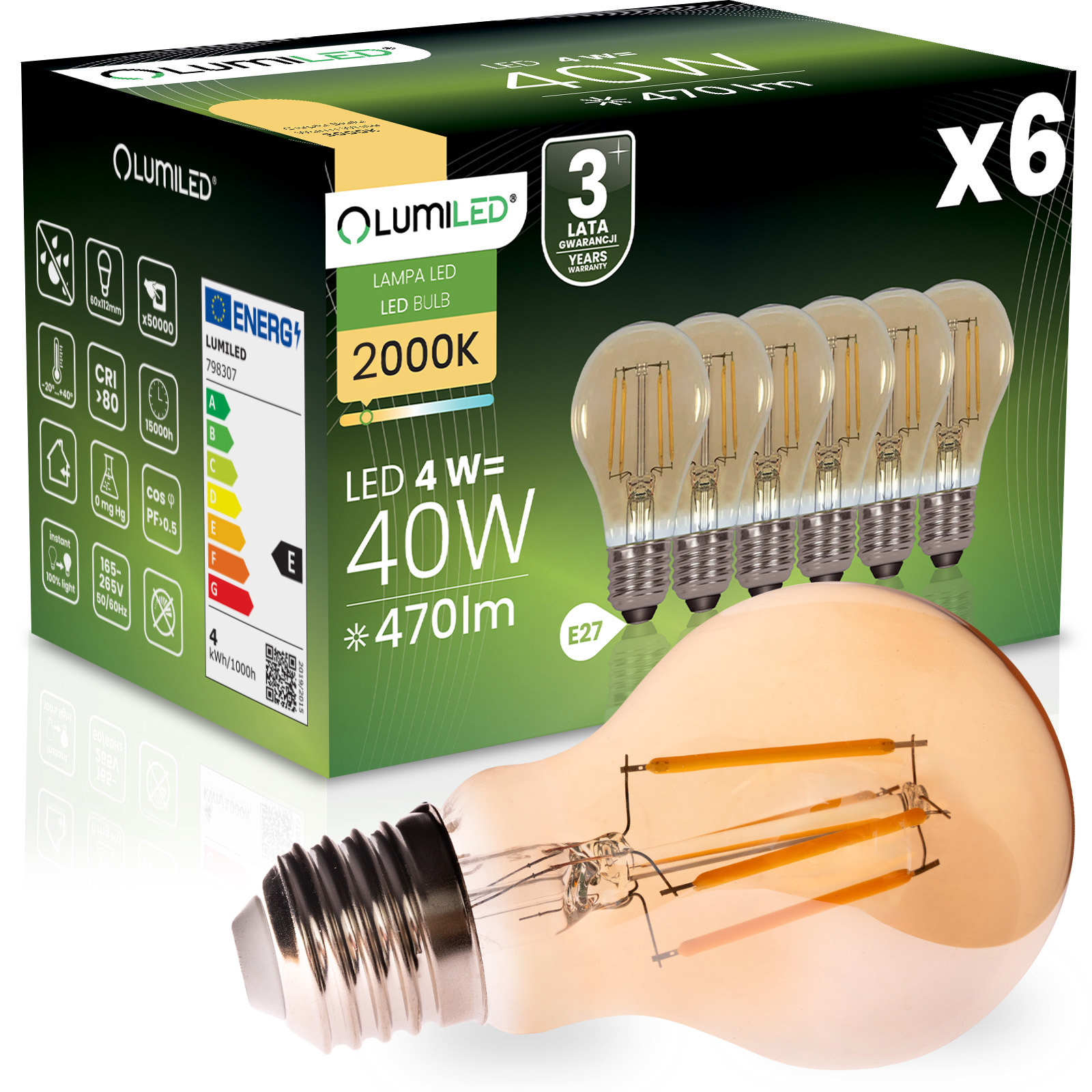 6x Żarówka LED E27 A60 4W 470LM = 40W 2000K Ciepła 360° Filament Amber LUMILED - główne zdjęcie produktu