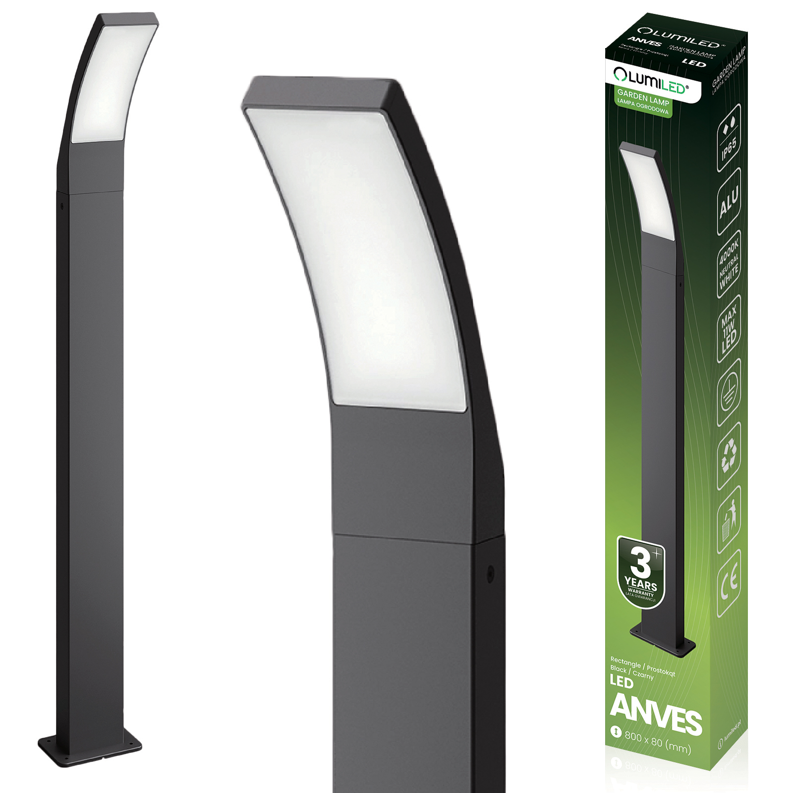 Lampa Ogrodowa Słupek Zewnętrzny Stojący 11W LED 4000K ANVES 80cm LUMILED - główne zdjęcie produktu
