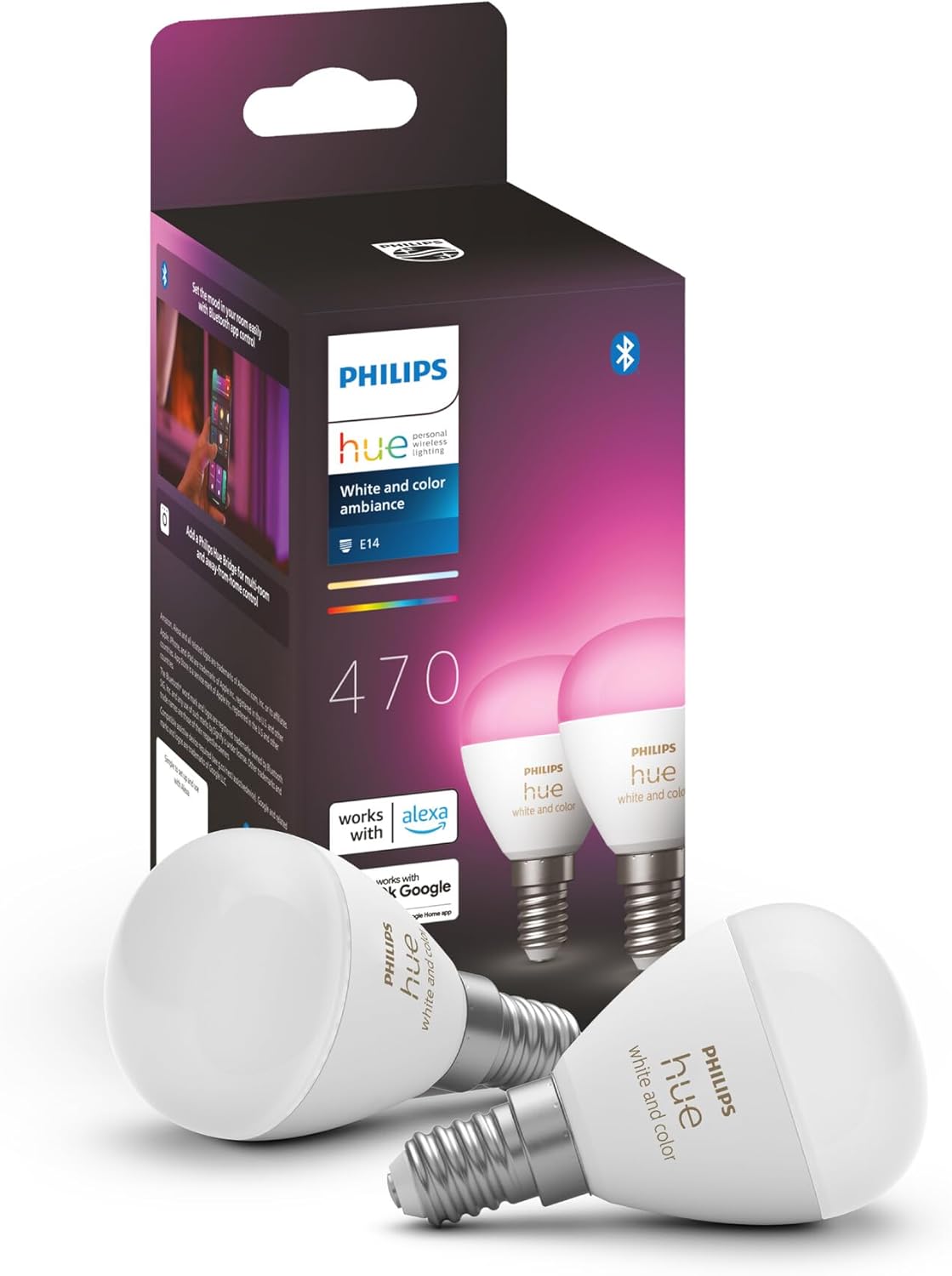 2x Żarówka LED E14 Kulka P45 5.1W = 40W 470lm 2000-6500K CCT + RGB SMART Inteligentna Bluetooth ZigBee White and Color Ambiance Philips HUE - główne zdjęcie produktu