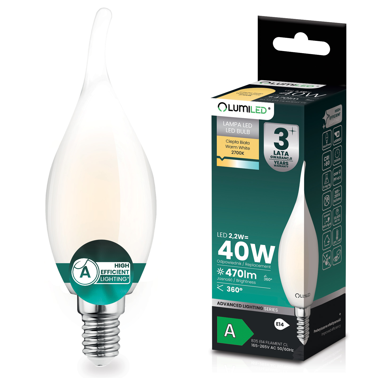 Żarówka LED E14 Świeczka BA35 2,2W 470lm = 40W 2700K Ciepła 360° Filament KLASA A LUMILED - główne zdjęcie produktu