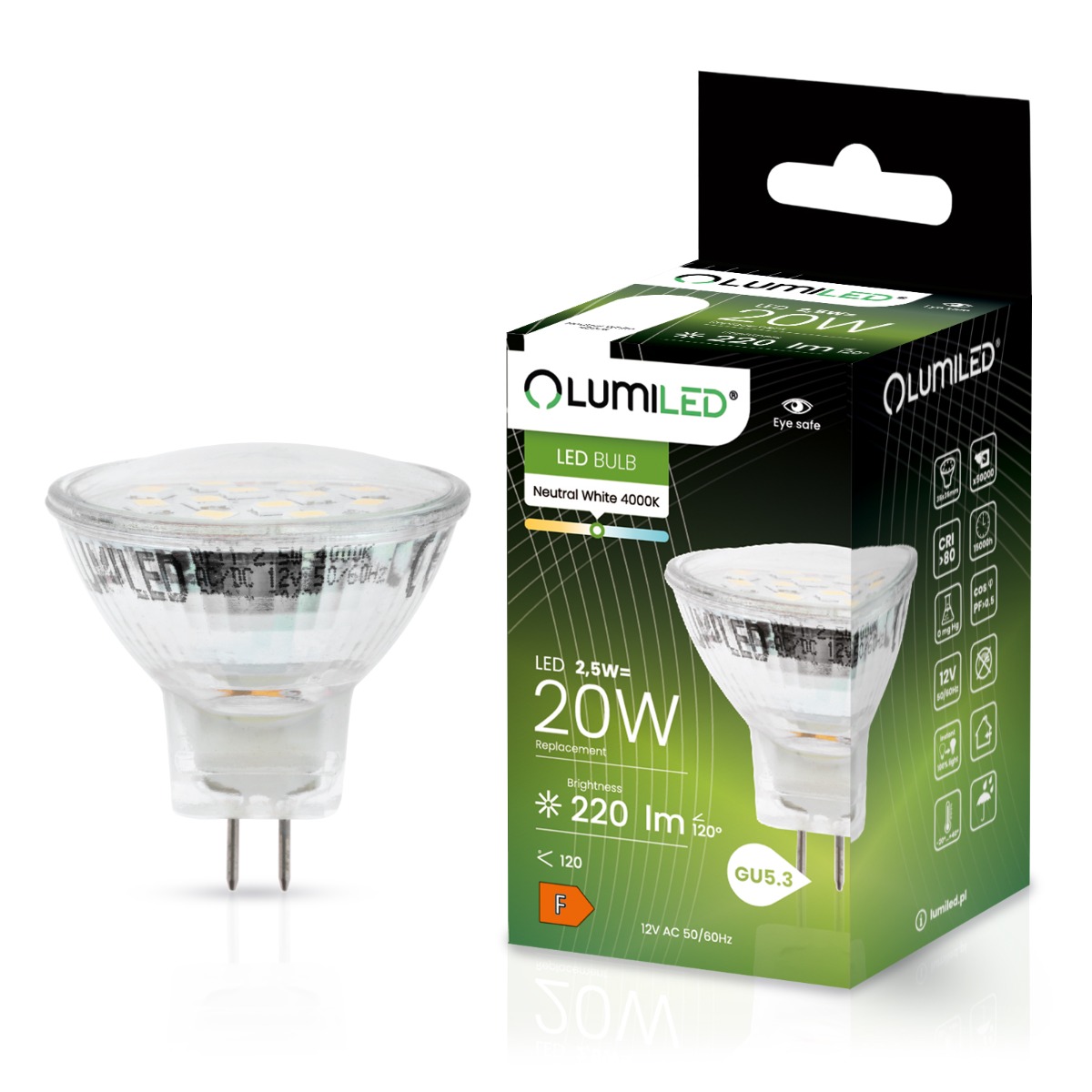 Żarówka LED GU5.3 Reflektor MR11 2,5W = 20W 220lm 4000K Neutralna 120° 12V LUMILED - główne zdjęcie produktu