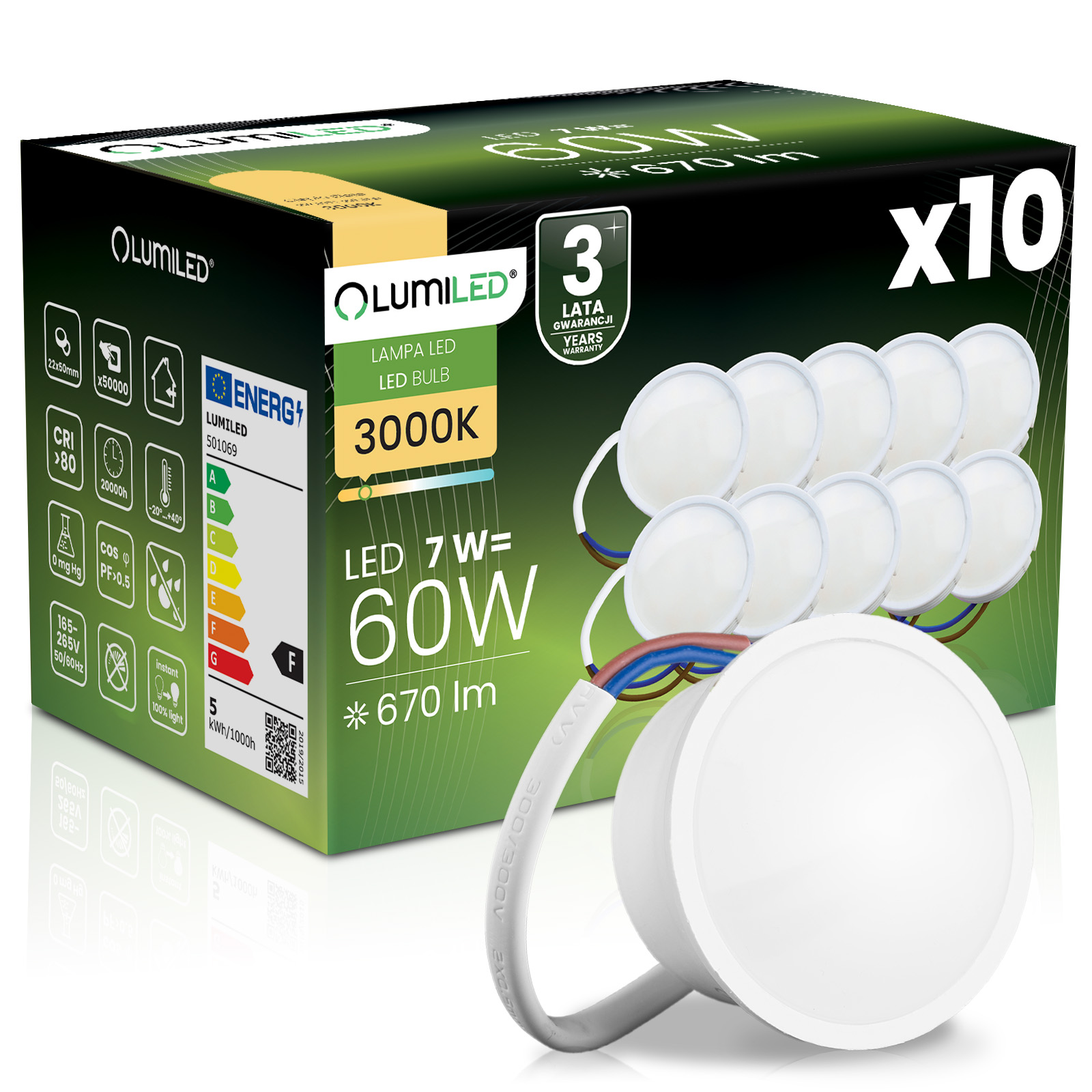 10x Wkład do Opraw LED Żarówka Moduł INSERT Reflektor 7W = 60W 670lm 3000K Ciepła 120° LUMILED - główne zdjęcie produktu