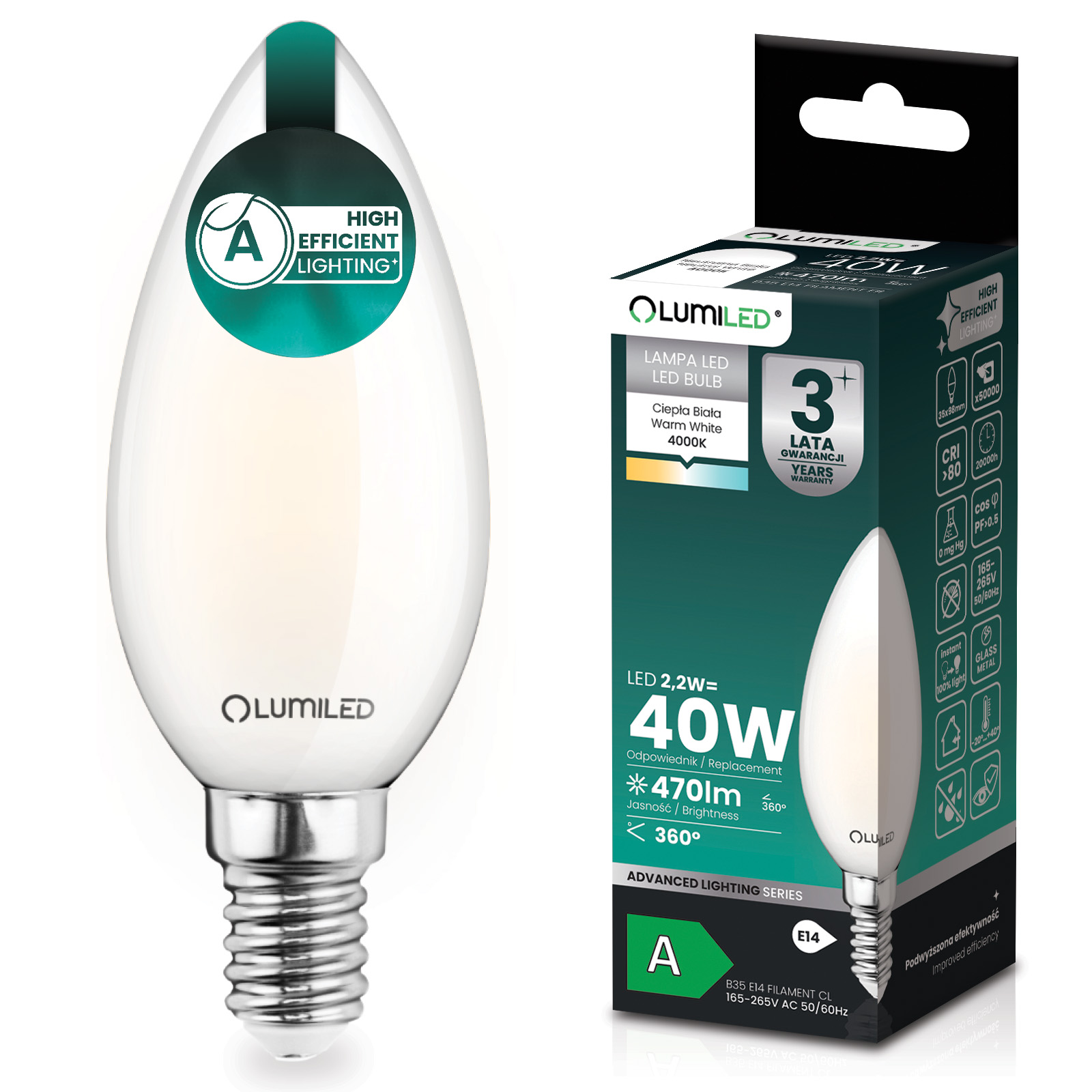 Żarówka LED E14 Świeczka B35 2,2W 470lm = 40W 4000K Neutralna 360° Filament KLASA A LUMILED - główne zdjęcie produktu