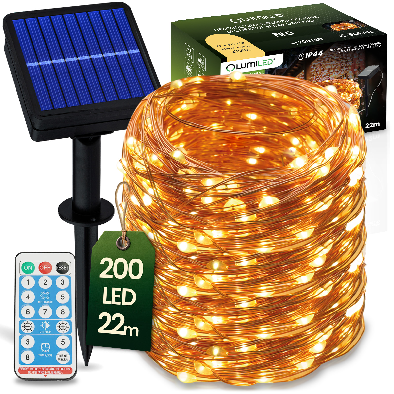 Girlanda Solarna Ogrodowa 200x LED Ozdobne Druciki 22m 2700K Ciepła + PILOT FILO LUMILED - główne zdjęcie produktu