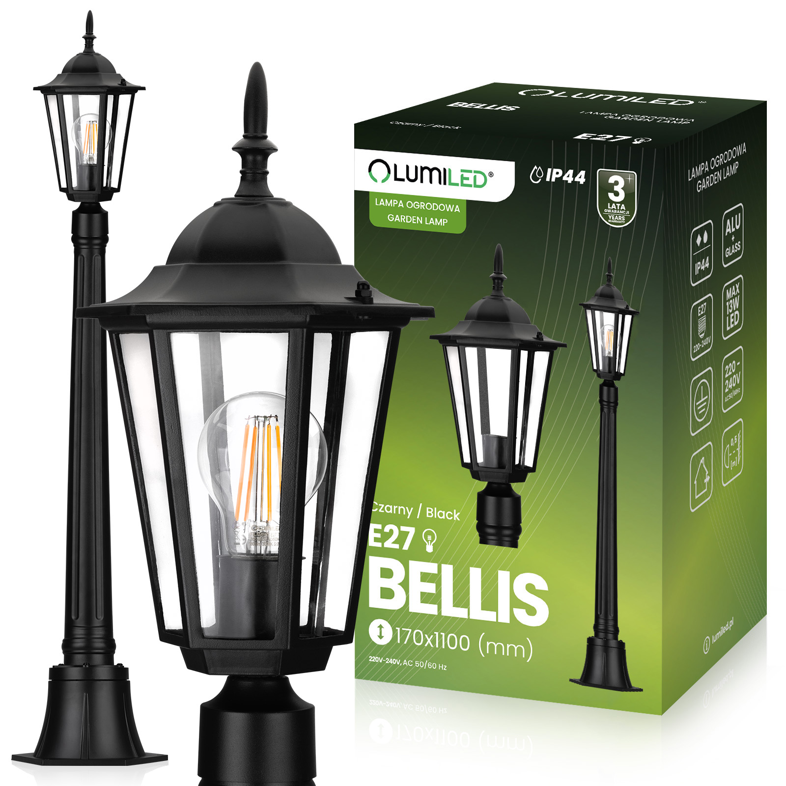 Lampa Ogrodowa Zewnętrzna E27 SŁUPEK LATARNIA 110cm Czarna BELLIS LUMILED - główne zdjęcie produktu