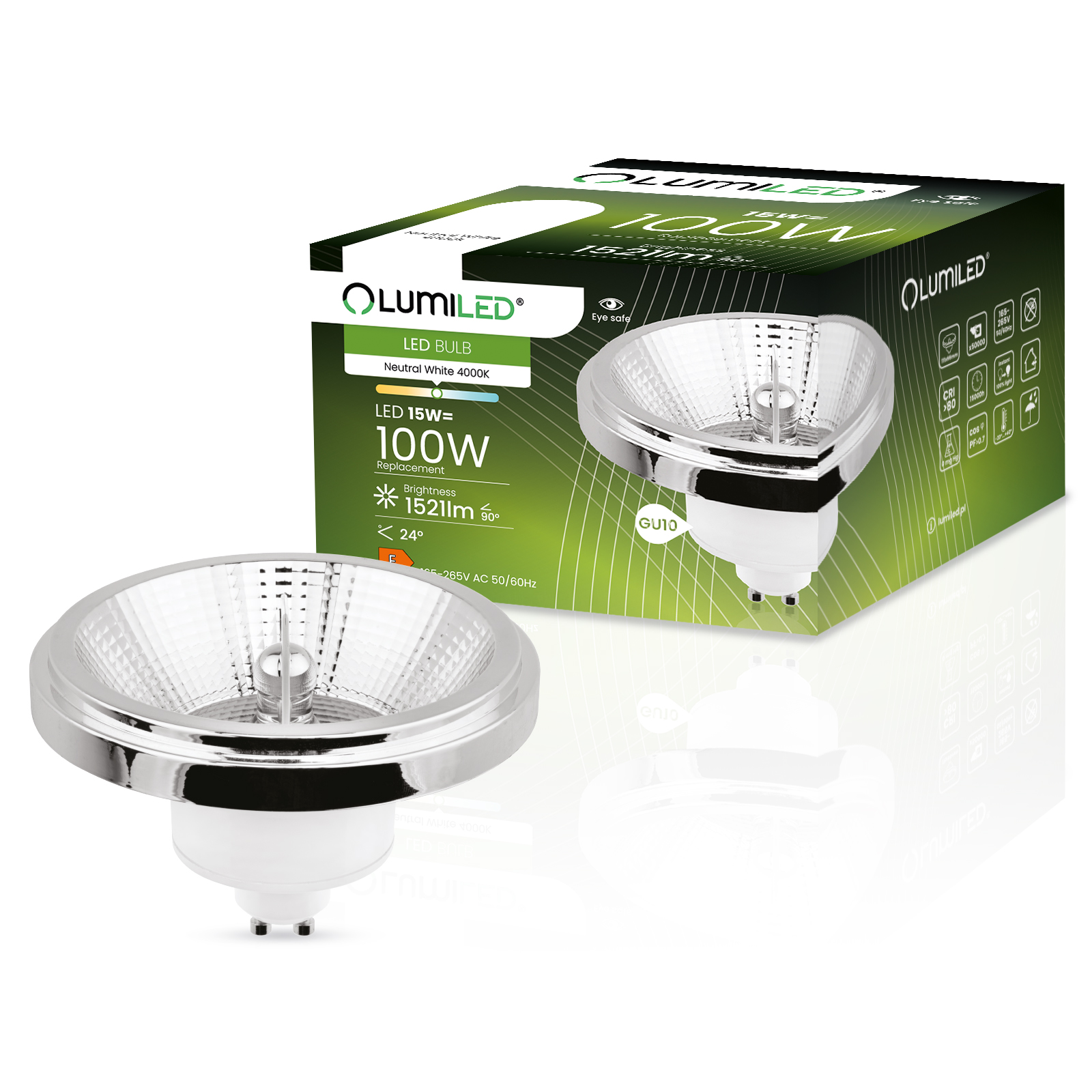 Żarówka LED GU10 Reflektor ES111 15W = 100W 1521lm 4000K Neutralna 24° Srebrna LUMILED - główne zdjęcie produktu