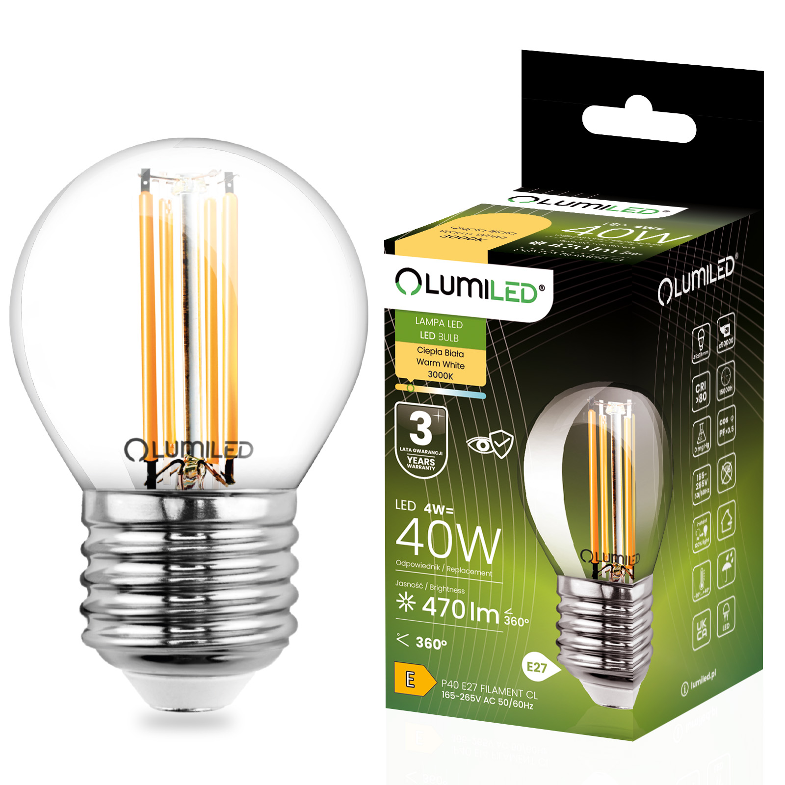 Żarówka LED E27 Kulka P45 4W = 40W 470lm 3000K Ciepła 360° FILAMENT LUMILED - główne zdjęcie produktu