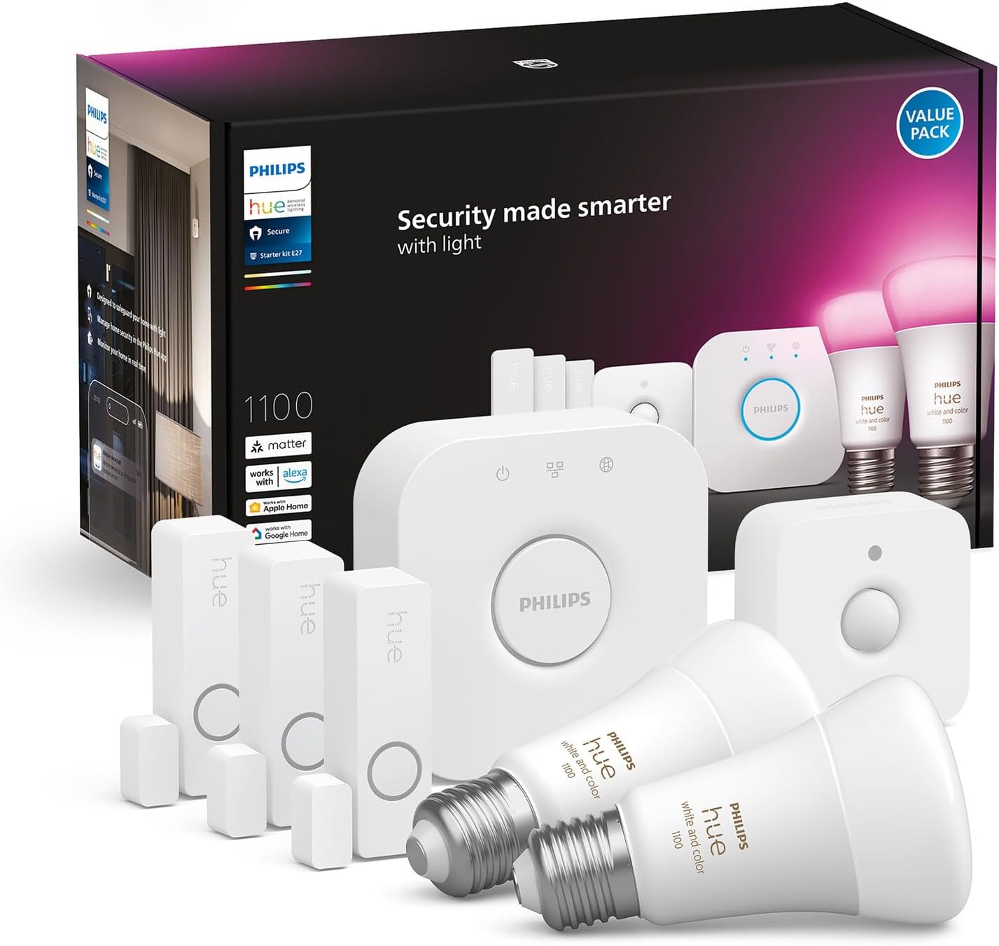 2x Żarówka LED E27 A60 9W = 75W 1100lm 2000-6500K CCT + RGB SMART Inteligentna Bluetooth ZigBee White and Color Ambiance + Mostek BRIDGE + Czujnik Kontaktu Otwarcia/Zamknięcia + Czujnik Ruchu Secure Philips HUE - główne zdjęcie produktu