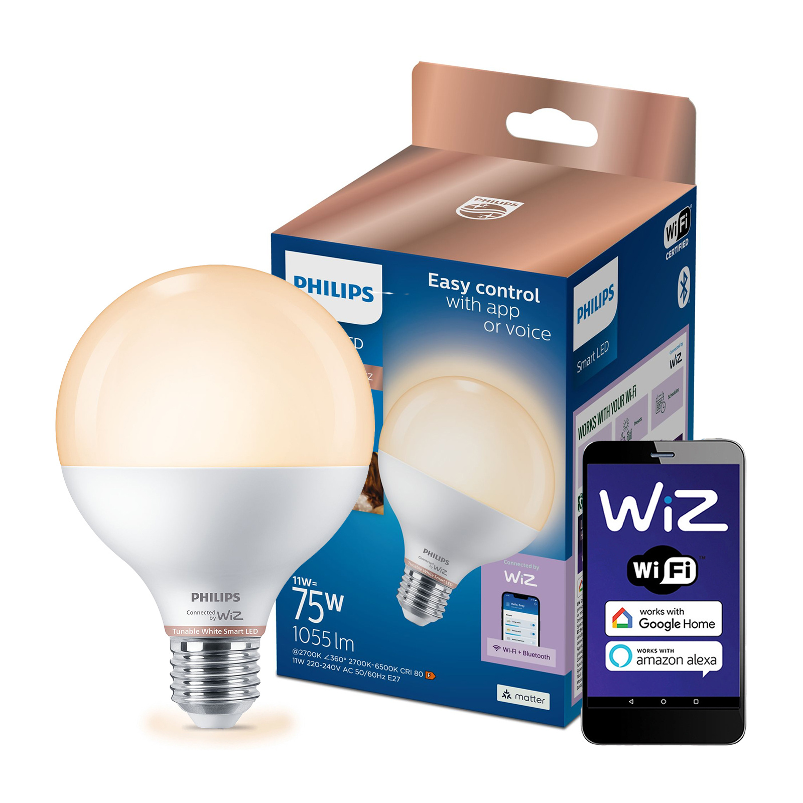 Żarówka LED E27 Kula G95 11W = 75W 1055lm 2700-6500K TW Inteligentna SMART WiFi Bluetooth Aplikacja WiZ Philips - główne zdjęcie produktu