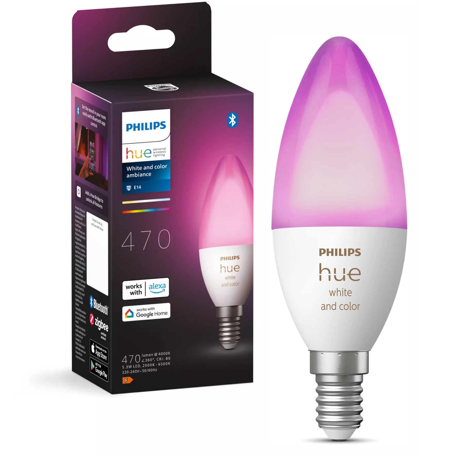 Żarówka LED E14 Świeczka B39 5.3W = 40W 470lm 2000-6500K CCT + RGB SMART Inteligentna Bluetooth ZigBee White and Color Ambiance Philips HUE - główne zdjęcie produktu