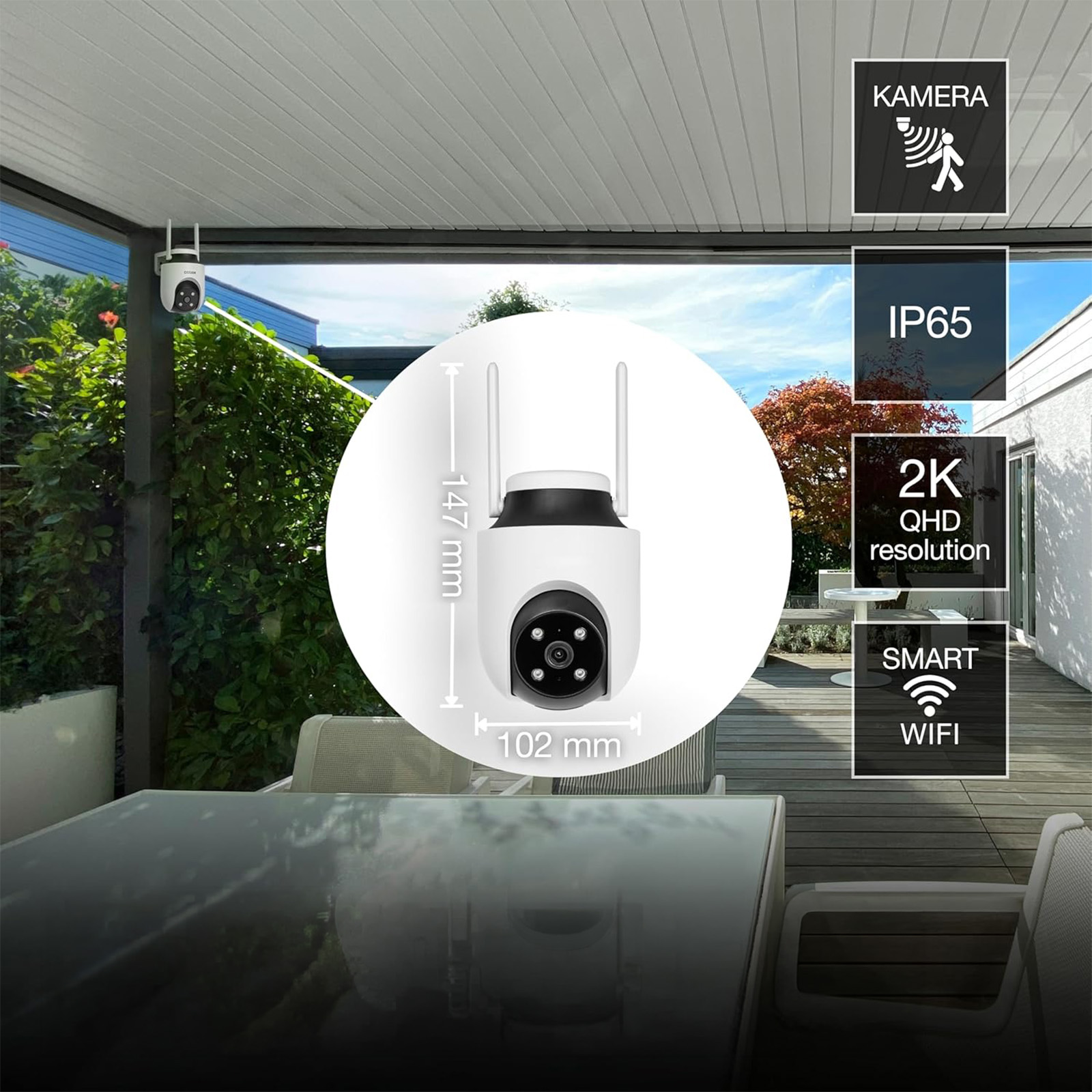 Kamera Zewnętrzna Obrotowa 360° IP67 2K QHD Smart Wifi Alarm Czujnik Ruchu Biała Osram - pierwsza cecha produktu