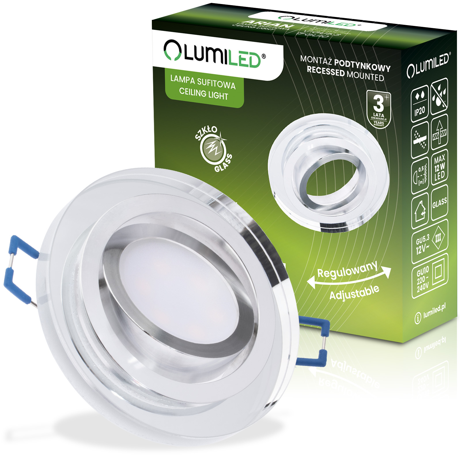 Oprawa Halogenowa Podtynkowa Lampa Sufitowa Szklana Okrągła Ruchoma GU10 ARIAN LUMILED - główne zdjęcie produktu