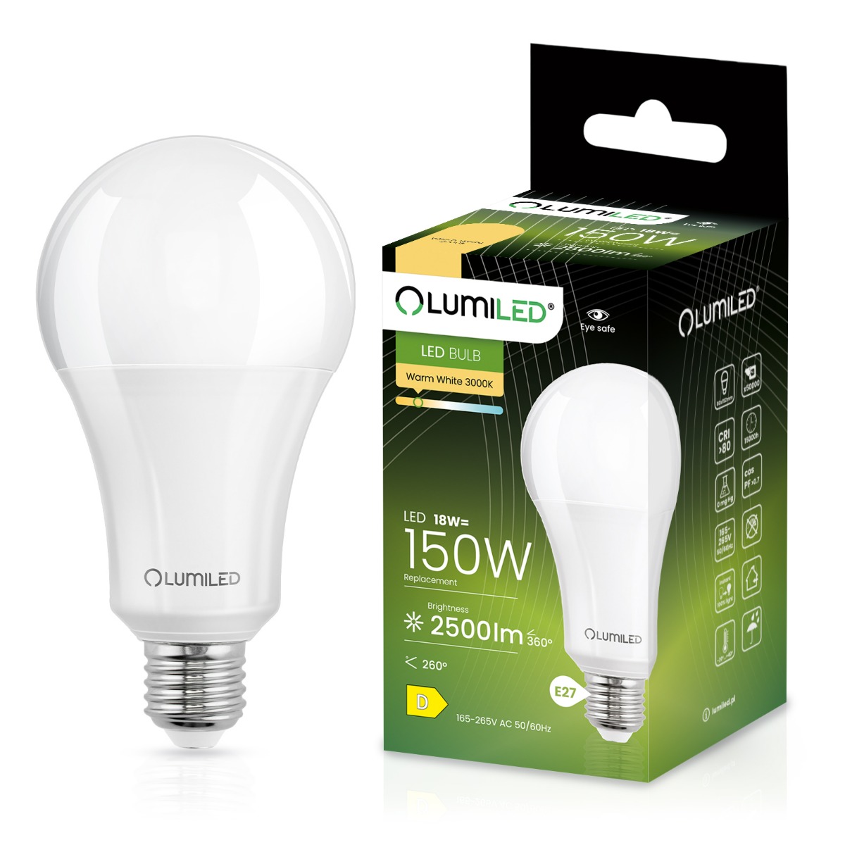 Żarówka LED E27 A80 18W = 150W 2500lm 3000K Ciepła 260° LUMILED - główne zdjęcie produktu
