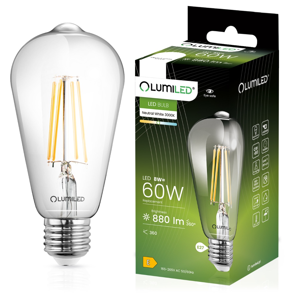 Żarówka LED E27 Edison ST64 8W = 60W 880lm 3000K Ciepła 360° FILAMENT LUMILED - główne zdjęcie produktu