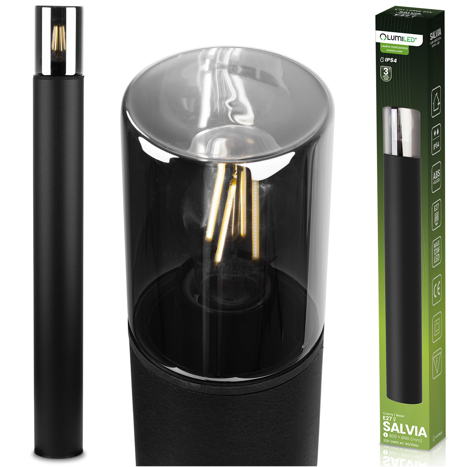 Lampa Ogrodowa Stojąca Zewnętrzna Słupek NA ŻARÓWKE E27 Czarna SZKŁO IP54 80 cm SALVIA LUMILED - główne zdjęcie produktu