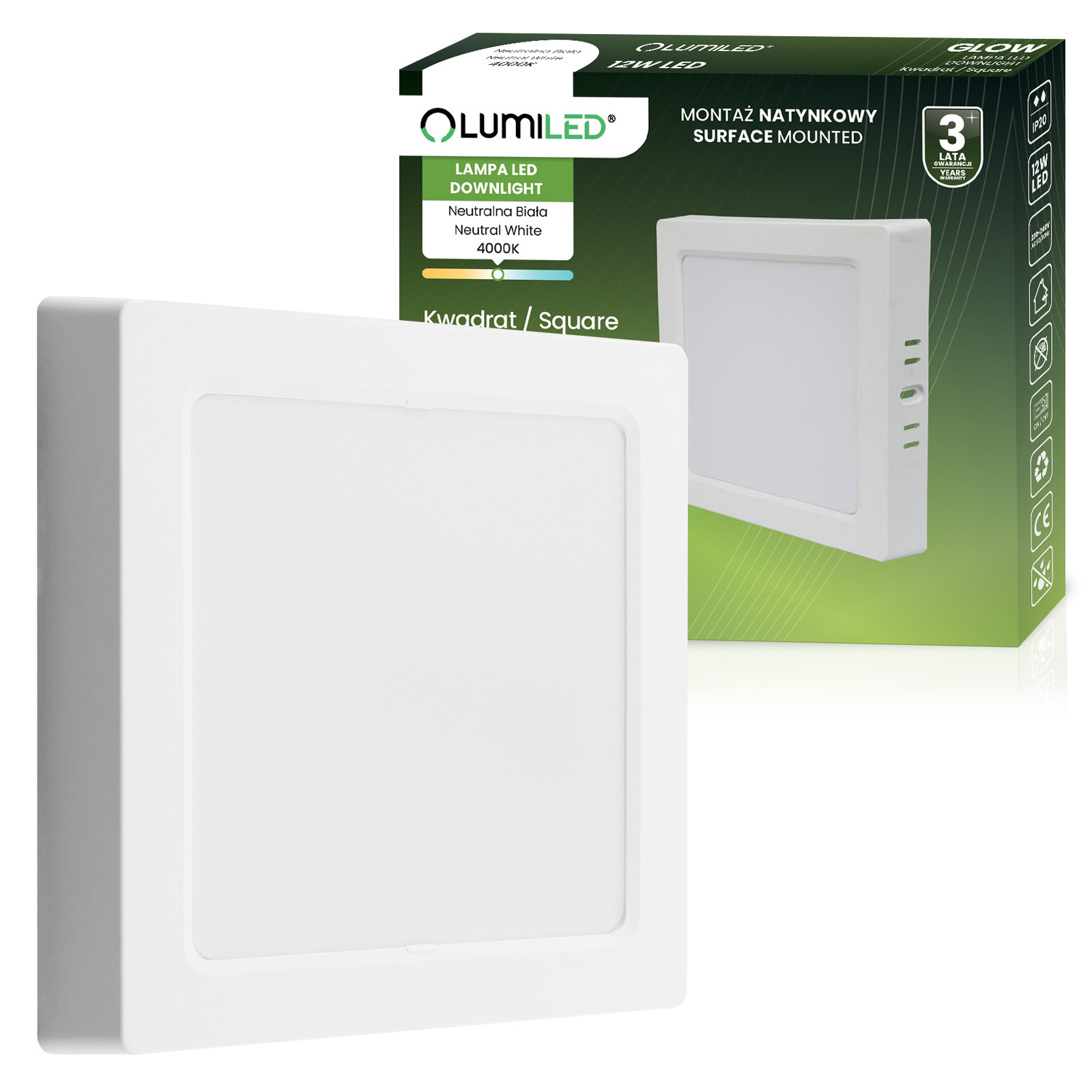 Oprawa Natynkowa Lampa LED Sufitowa 12W Kwadrat 4000K GLOW Biała LUMILED - główne zdjęcie produktu