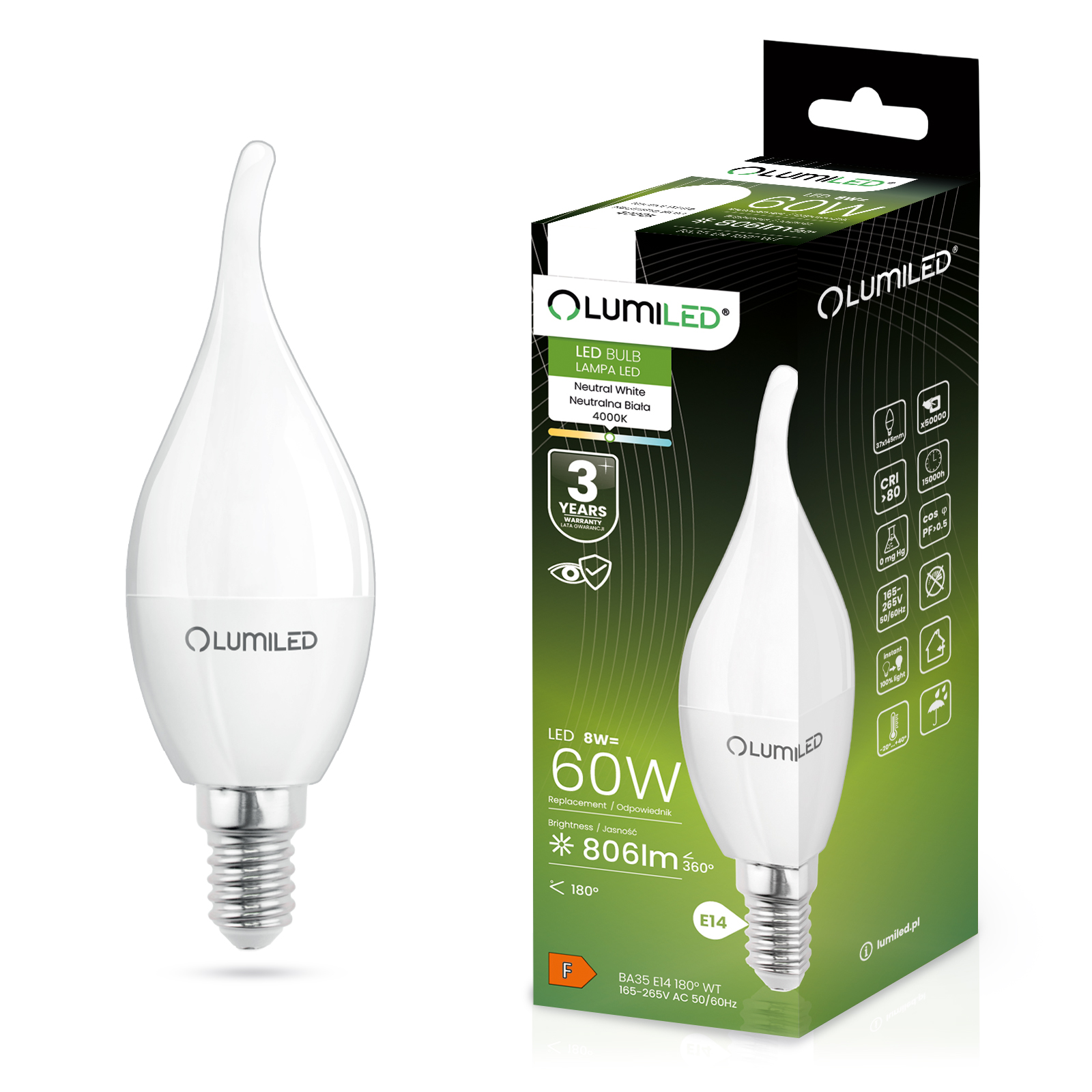 Żarówka LED E14 Świeczka BA35 8W = 60W 806lm 4000K Neutralna 180° LUMILED - główne zdjęcie produktu