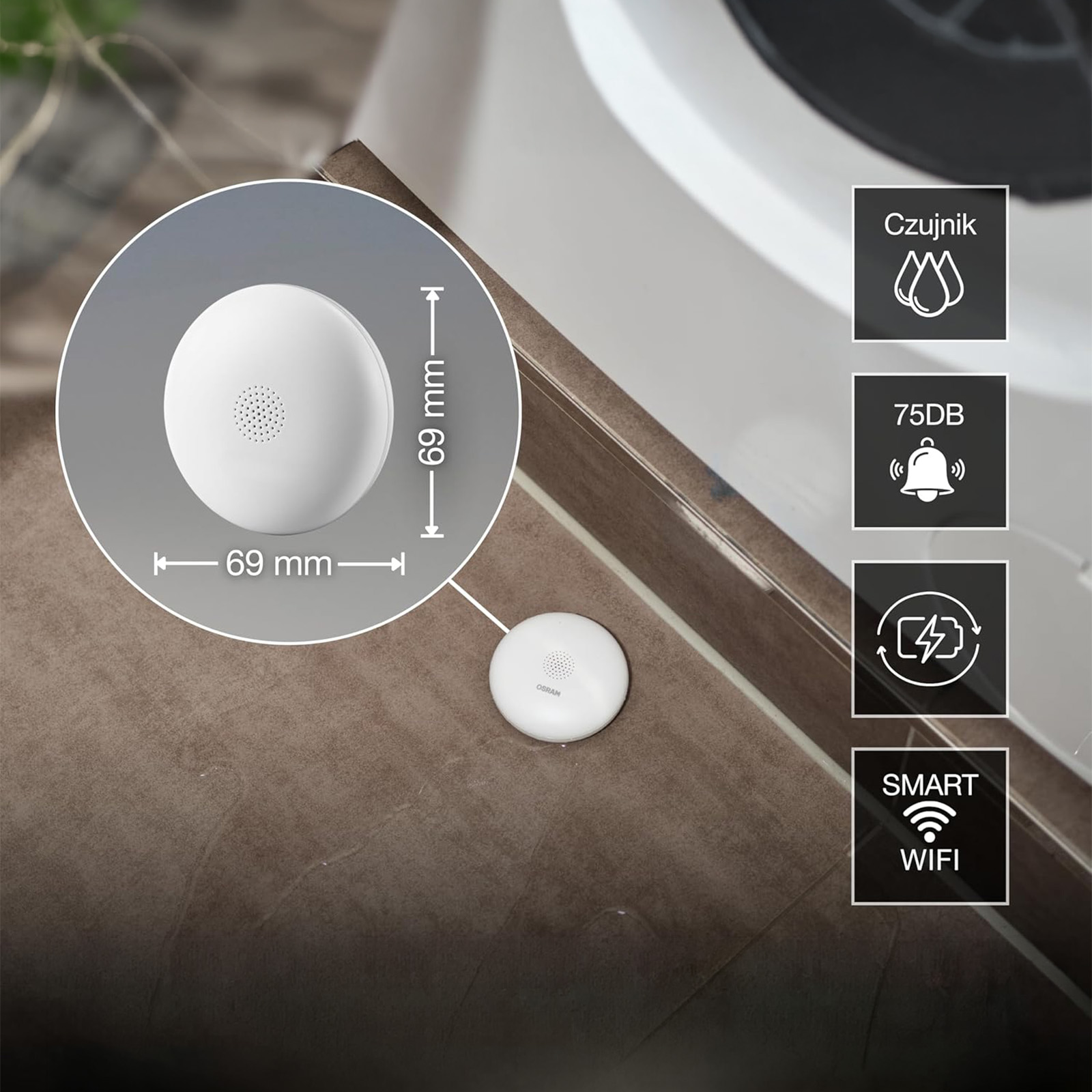 Bezprzewodowy Detektor Czujnik Wycieków Wody IP67 Alarm 75dB Biały Osram SMART WiFi 2.4GHz - pierwsza cecha produktu