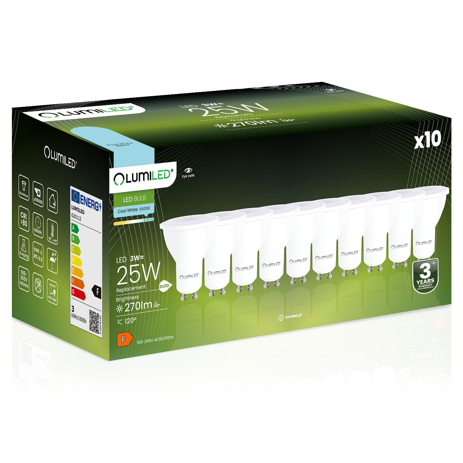 10x Żarówka LED GU10 Reflektor PAR16 3W = 25W 270lm 6500K Zimna 120° LUMILED - główne zdjęcie produktu
