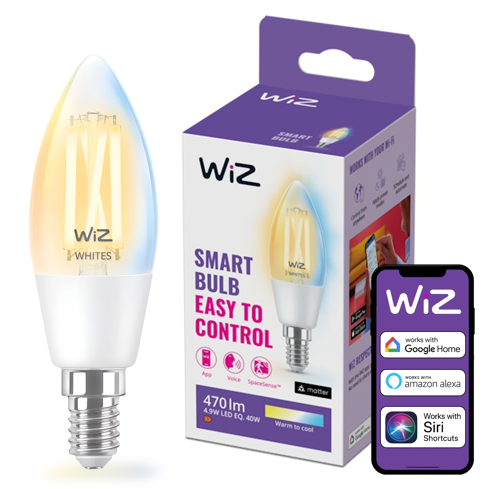 Żarówka LED E14 Świeczka C35 4.9W = 40W 470lm 2700-6500K TW FILAMENT Inteligentna SMART WiFi Bluetooth Aplikacja WiZ - główne zdjęcie produktu