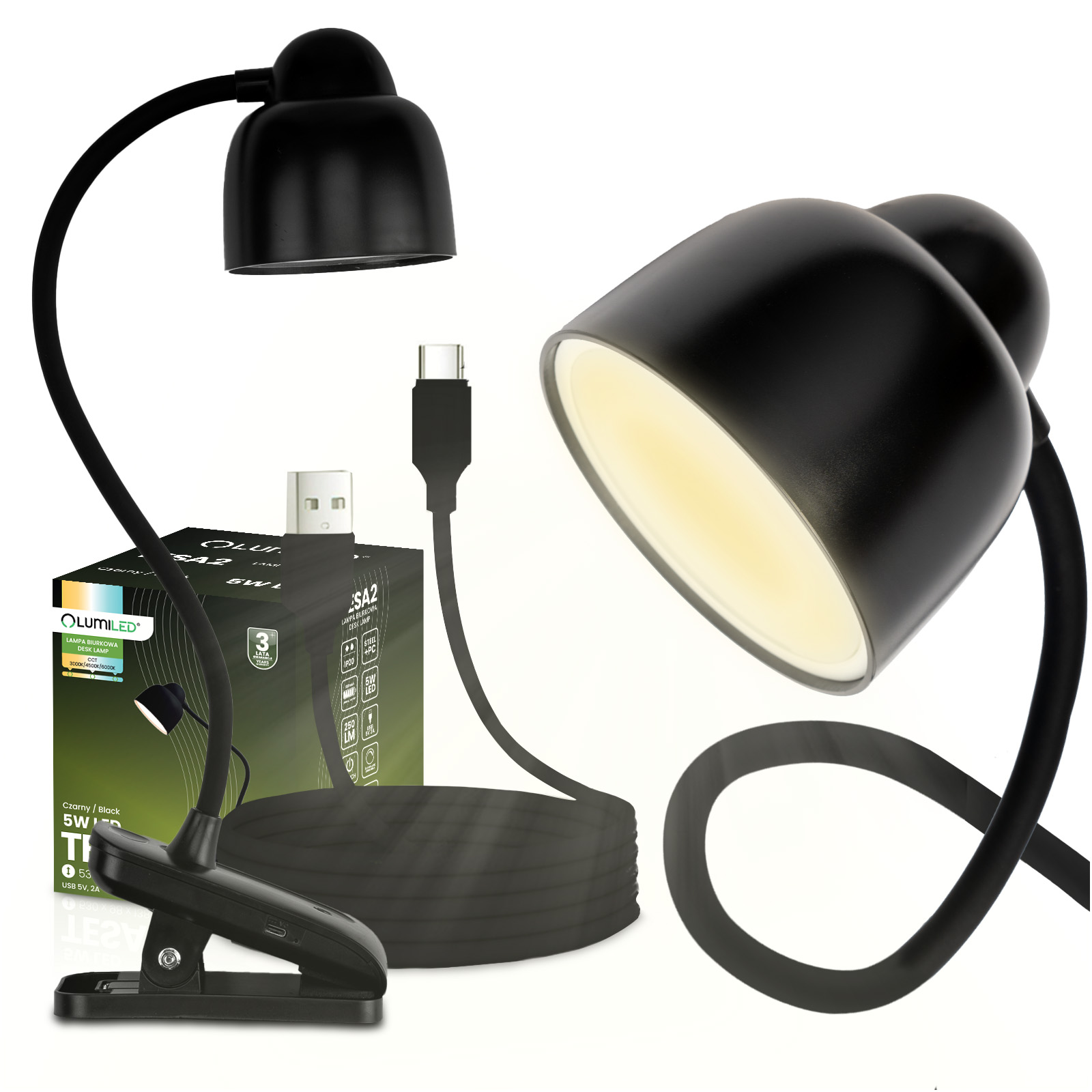 Lampka Biurkowa LED 5W CCT Kreślarska Stołowa Szkolna TESA 2 Czarna LUMILED - główne zdjęcie produktu