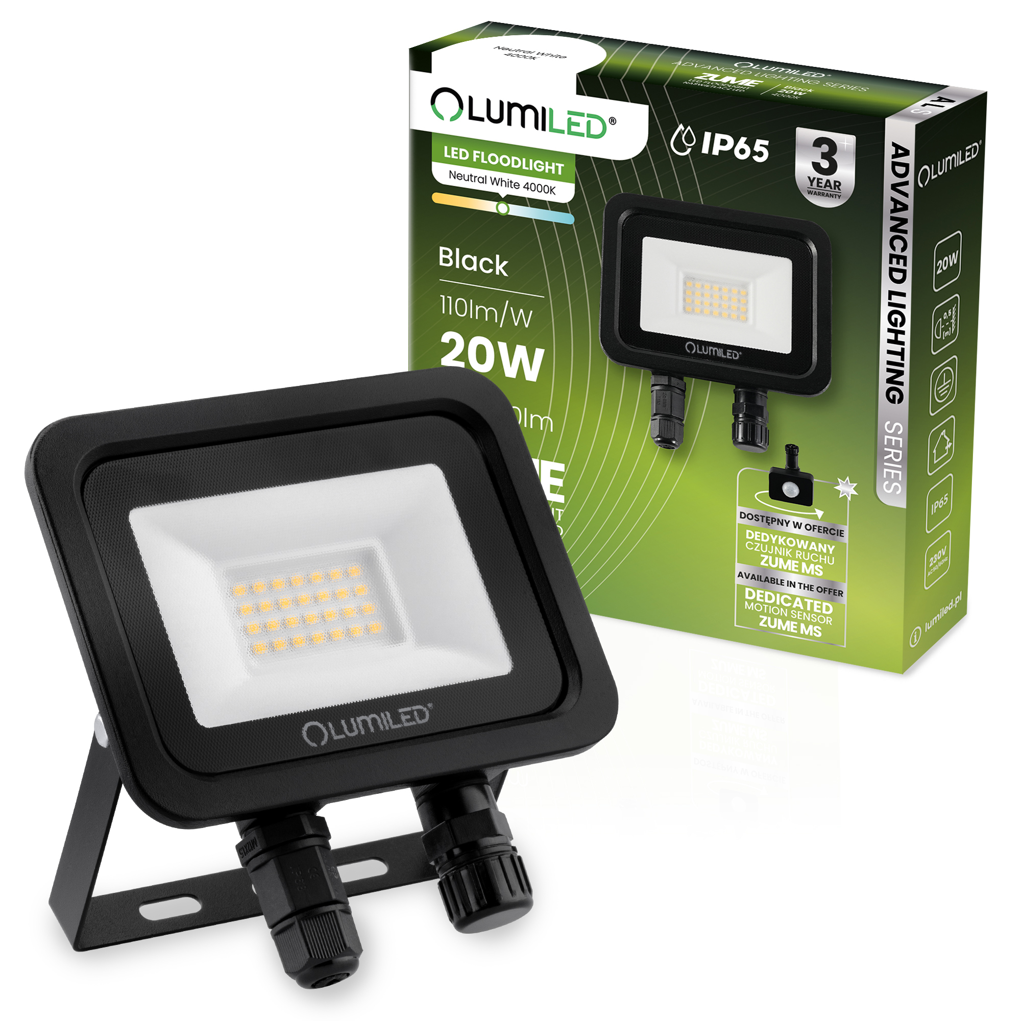 Naświetlacz LED ZUME 20W 2200lm 4000K IP65 Czarny Advanced Lighting Series LUMILED - główne zdjęcie produktu