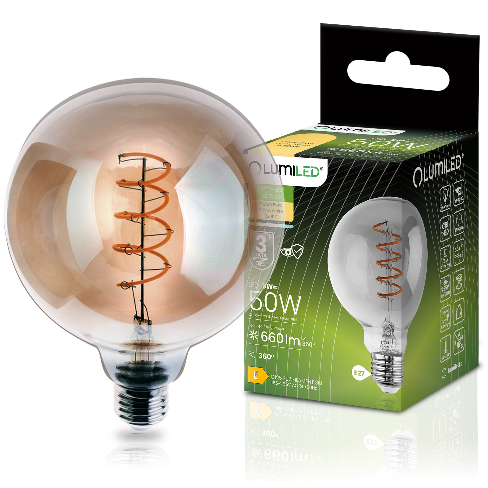 Żarówka LED E27 Kula G125 6W = 50W 660LM 2200K Ciepła 360° Dymiona Filament LUMILED - główne zdjęcie produktu