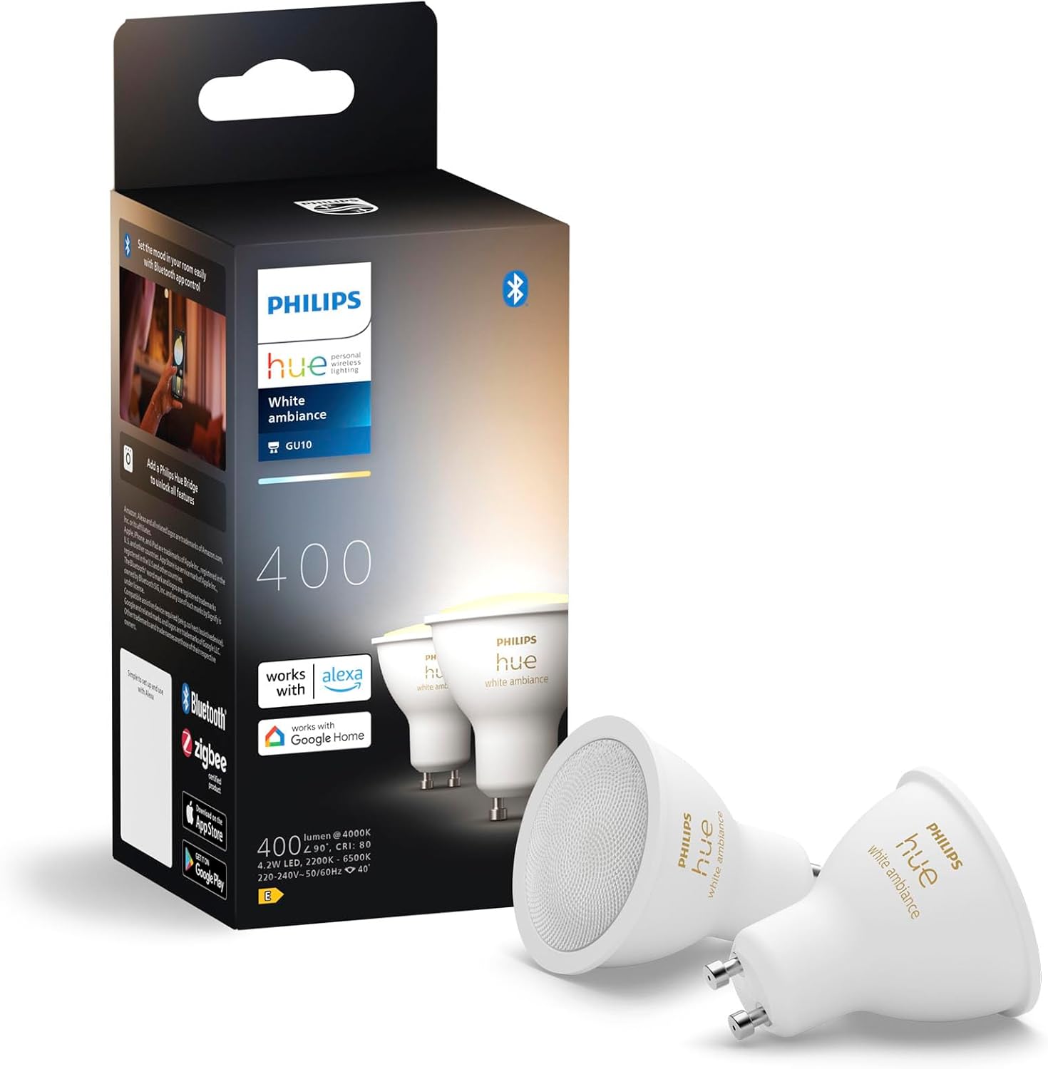 2x Żarówka LED GU10 Reflektor 4.2W = 50W 400lm 2200-6500K CCT SMART Inteligentna Bluetooth ZigBee White Ambiance Philips HUE - główne zdjęcie produktu