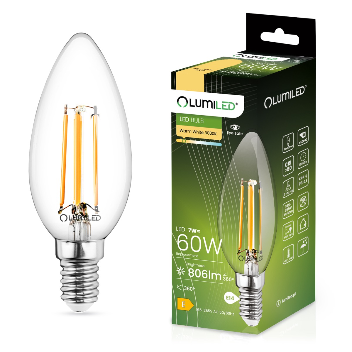 Żarówka LED E14 Świeczka B35 7W = 60W 806lm 3000K Ciepła 360° FILAMENT LUMILED - główne zdjęcie produktu