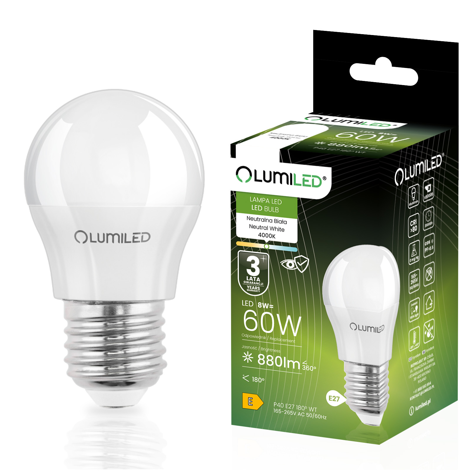 Żarówka LED E27 Kulka P45 8W = 60W 880lm 4000K Neutralna 180° LUMILED - główne zdjęcie produktu