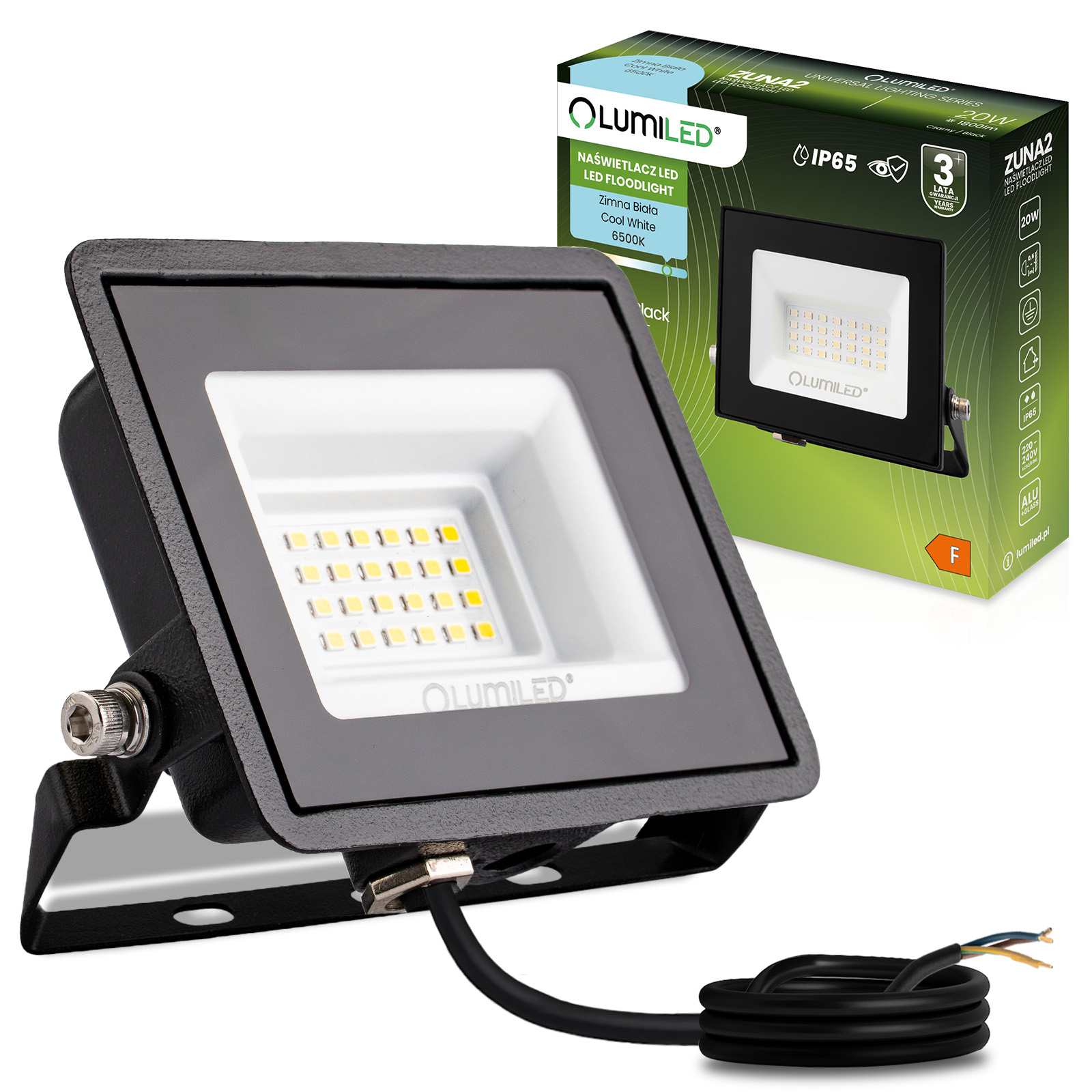 Naświetlacz LED ZUNA2 20W 1800lm 6500K IP65 Czarny LUMILED - główne zdjęcie produktu