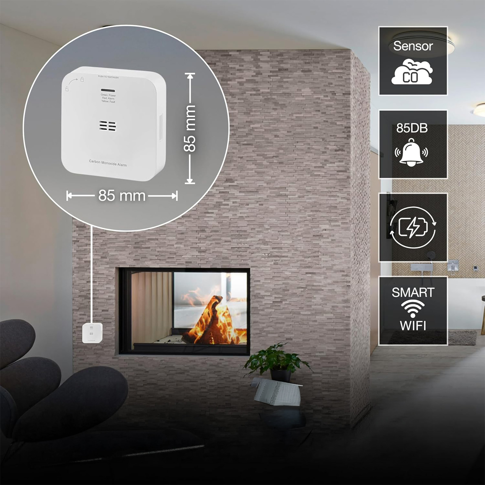 Inteligentny Bezprzewodowy Czujnik Tlenku Węgla Alarm 85dB Biały Osram SMART WiFi 2.4GHz - pierwsza cecha produktu