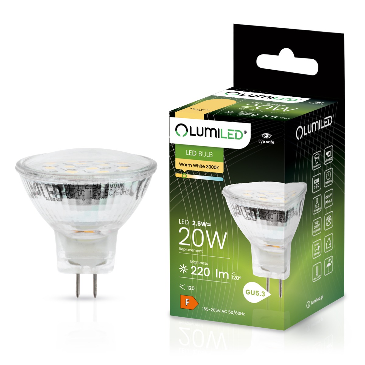 Żarówka LED GU5.3 Reflektor MR11 2,5W = 20W 220lm 3000K Ciepła 120° LUMILED - główne zdjęcie produktu