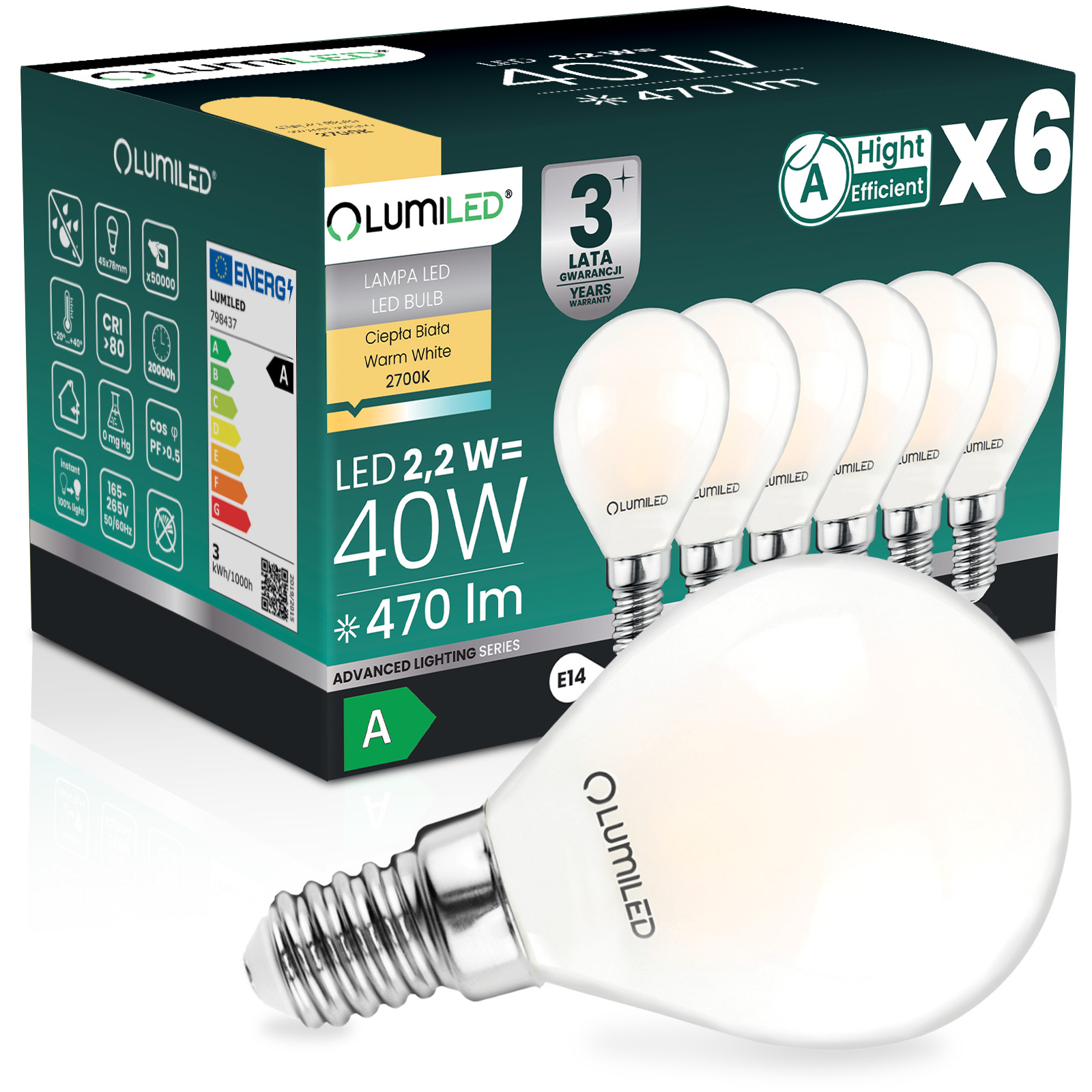 6x Żarówka LED E14 Kulka P45 2,2W 470lm = 40W 2700K Ciepła 360° Filament KLASA A LUMILED - główne zdjęcie produktu