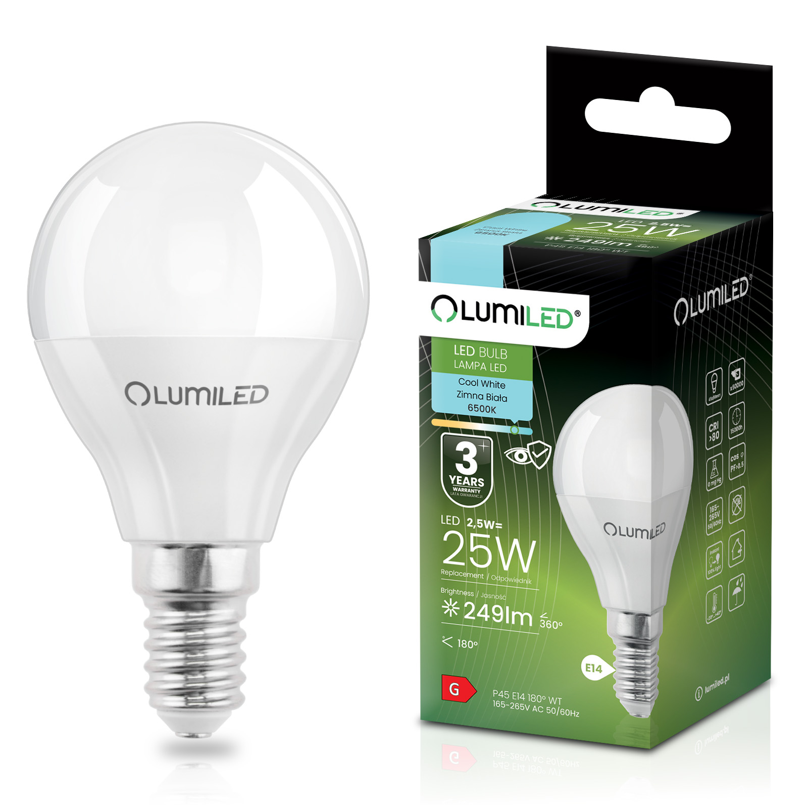 Żarówka LED E14 Kulka P45 2,5W = 25W 249lm 6500K Zimna 180° LUMILED - główne zdjęcie produktu
