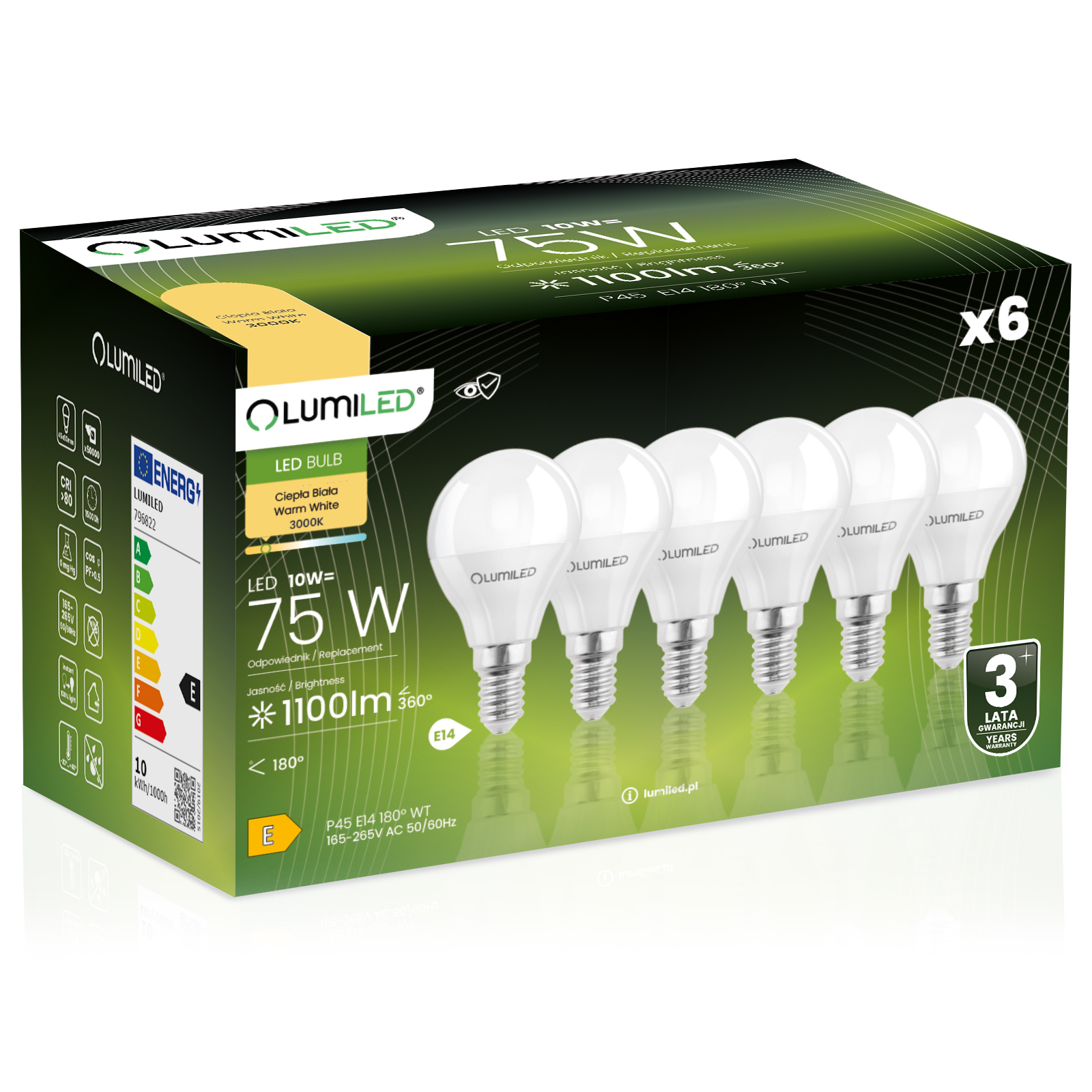 6x Żarówka LED E14 Kulka P45 10W = 75W 11100lm 3000K Ciepła 180° LUMILED - główne zdjęcie produktu
