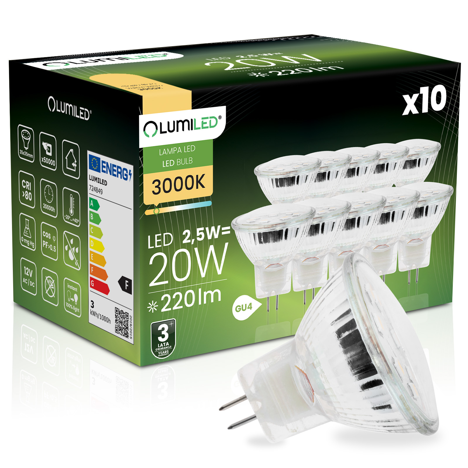 10x Żarówka LED GU4 Reflektor MR11 2,5W = 20W 220lm 3000K Ciepła 120° LUMILED - główne zdjęcie produktu