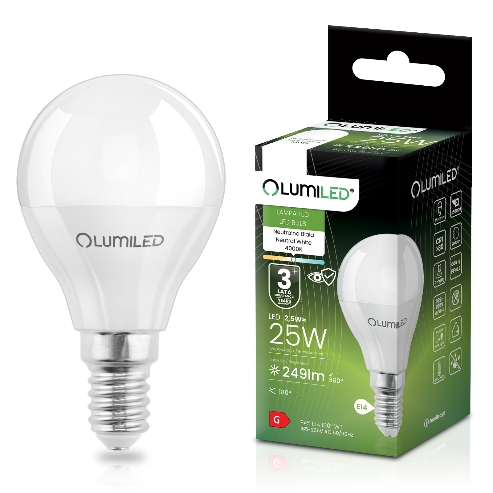 Żarówka LED E14 Kulka P45 2,5W = 25W 249lm 4000K Neutralna 180° LUMILED - główne zdjęcie produktu