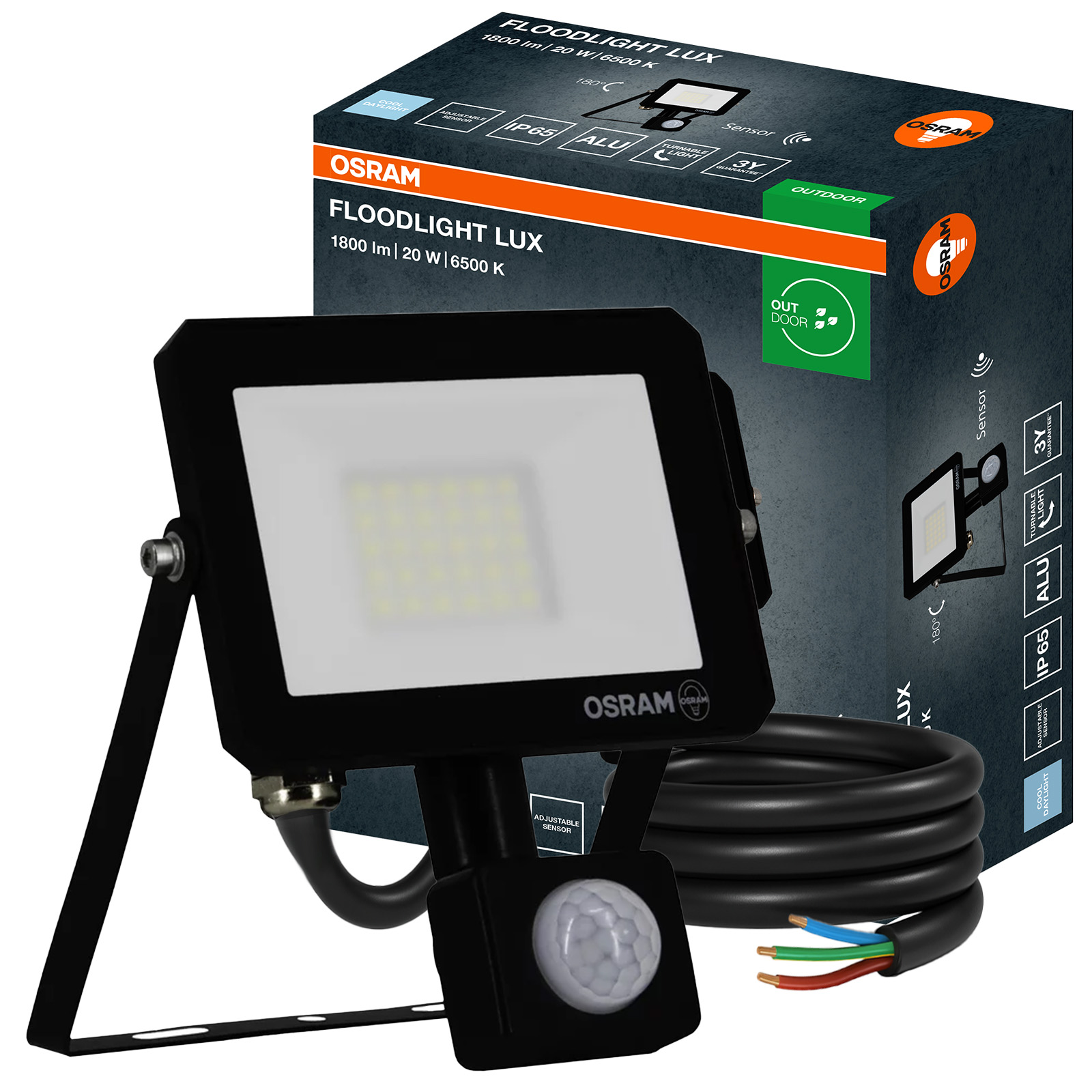 Naświetlacz LED Halogen Zewnętrzny Reflektor 20W 6500K 1800lm IP65 z Czujnikiem Ruchu i Zmierzchu SENSOR FLOODLIGHT LUX OSRAM - główne zdjęcie produktu