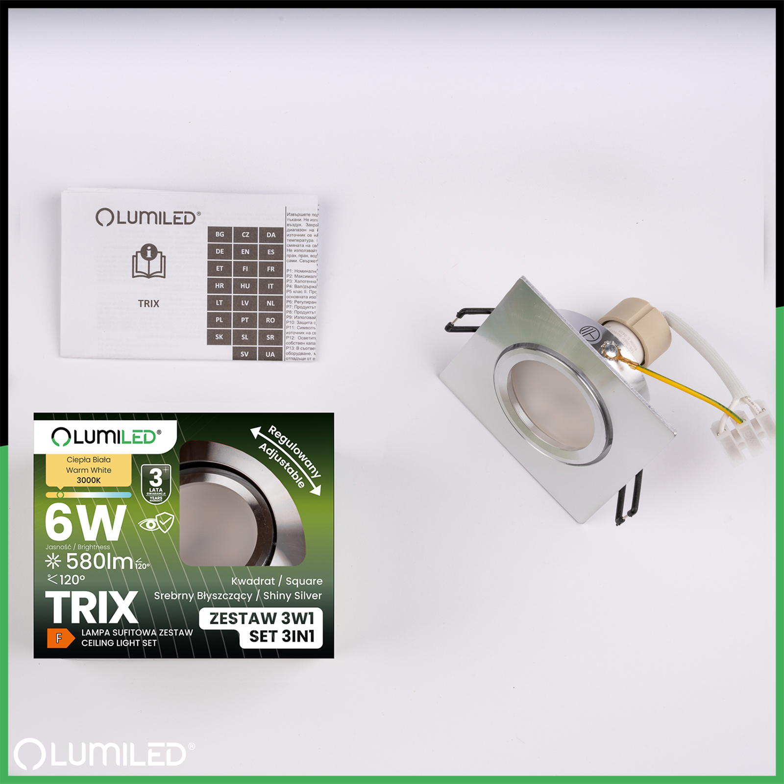 Oprawa Halogenowa Podtynkowa Kwadratowa Ruchoma TRIX 3w1 GU10 6W 3000K Srebrny LUMILED - skład produktu