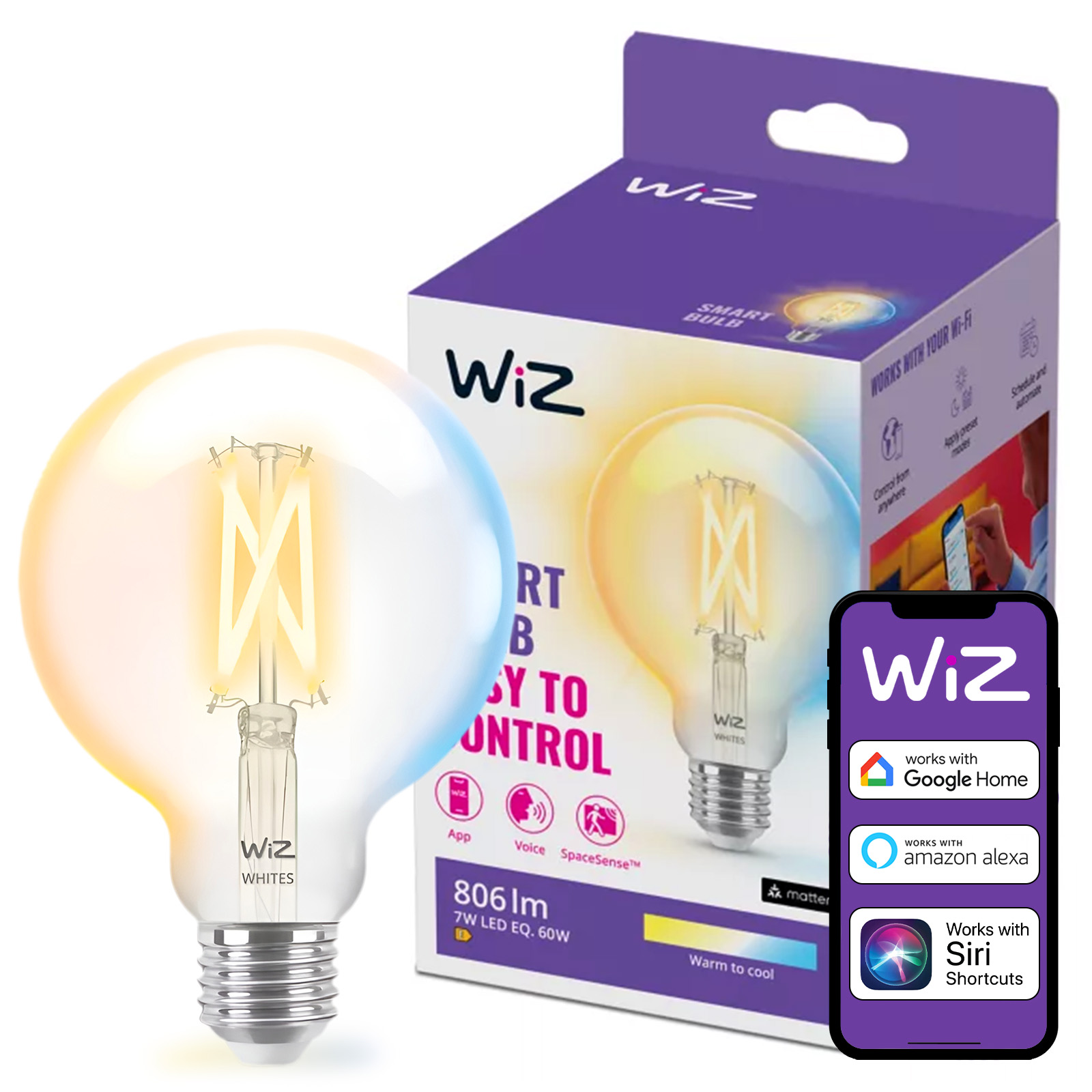 Żarówka LED E27 Kula G95 7W = 60W 806lm 2700-6500K TW FILAMENT Inteligentna SMART WiFi Bluetooth Aplikacja WiZ - główne zdjęcie produktu