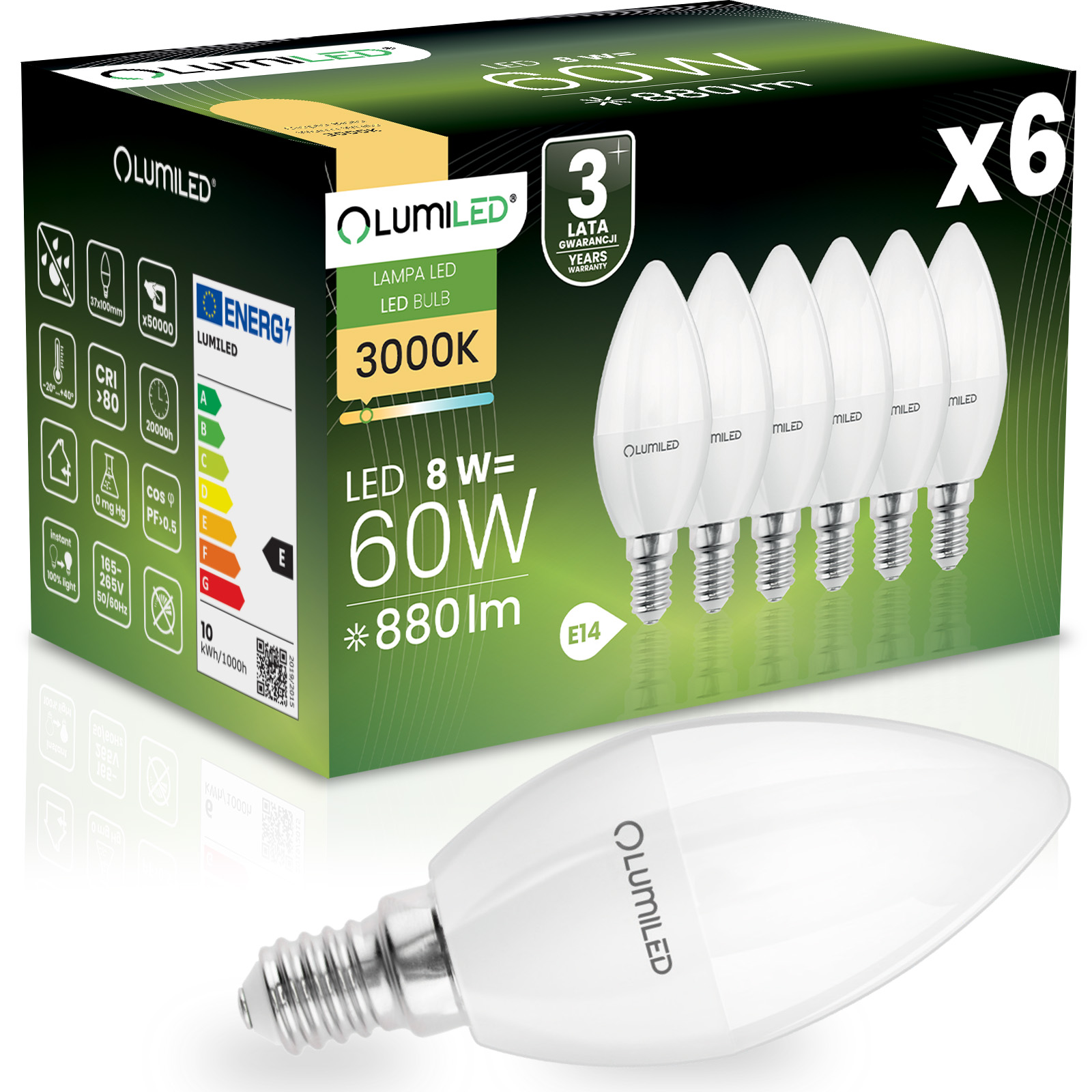 6x Żarówka LED E14 Świeczka B35 8W = 60W 880lm 3000K Ciepła 180° LUMILED - główne zdjęcie produktu